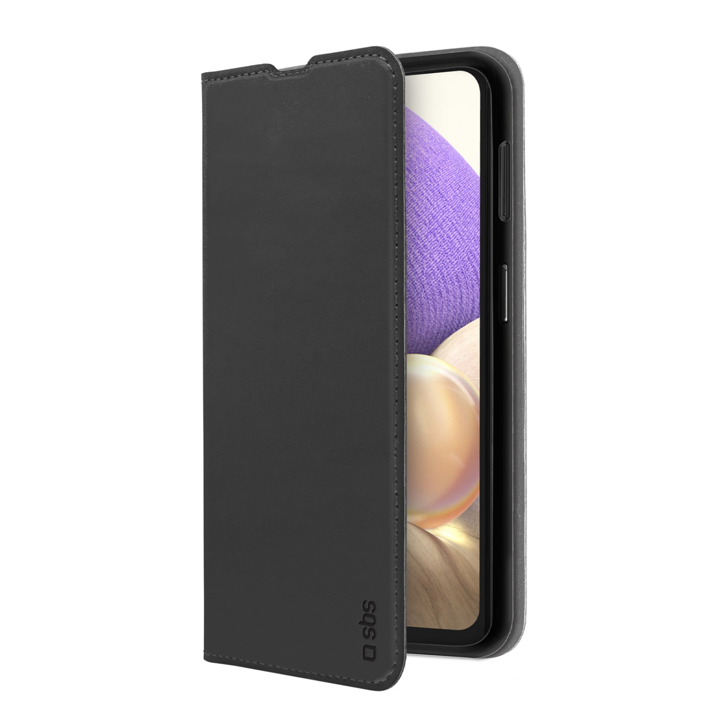 Schwarzes Handy-Flipcase mit sichtbarem Logo auf der Vorderseite, auf weißem Hintergrund.