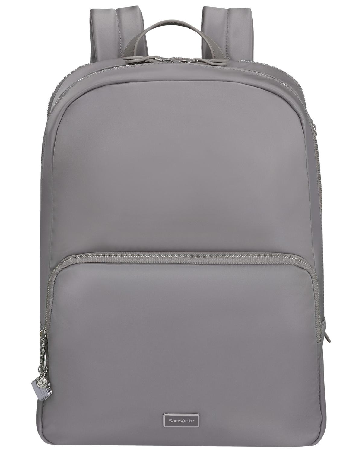 Grauer Rucksack mit einem Fach vorne und einem Samsonite-Logo unten.
