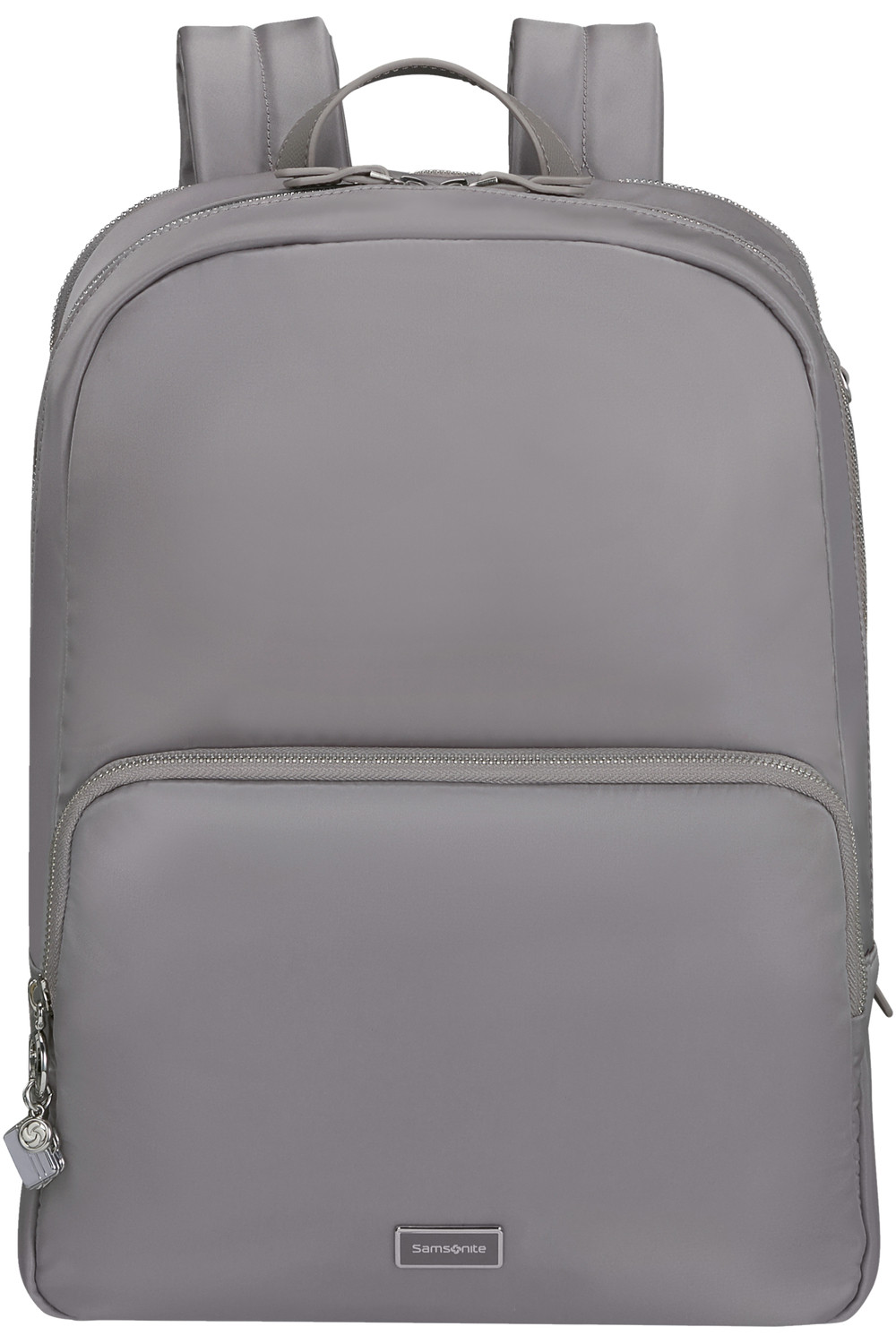 Ein grauer Rucksack mit Reißverschlusstaschen und einem Samsonite-Logo.