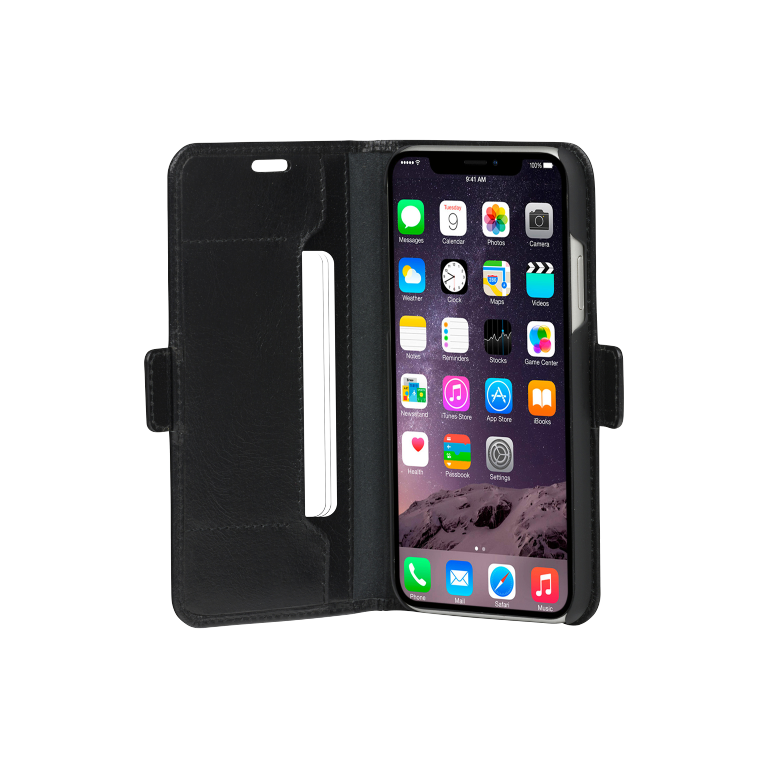Ein schwarzes iPhone in einer schwarzen Hülle mit vielen App-Symbolen auf dem Bildschirm.