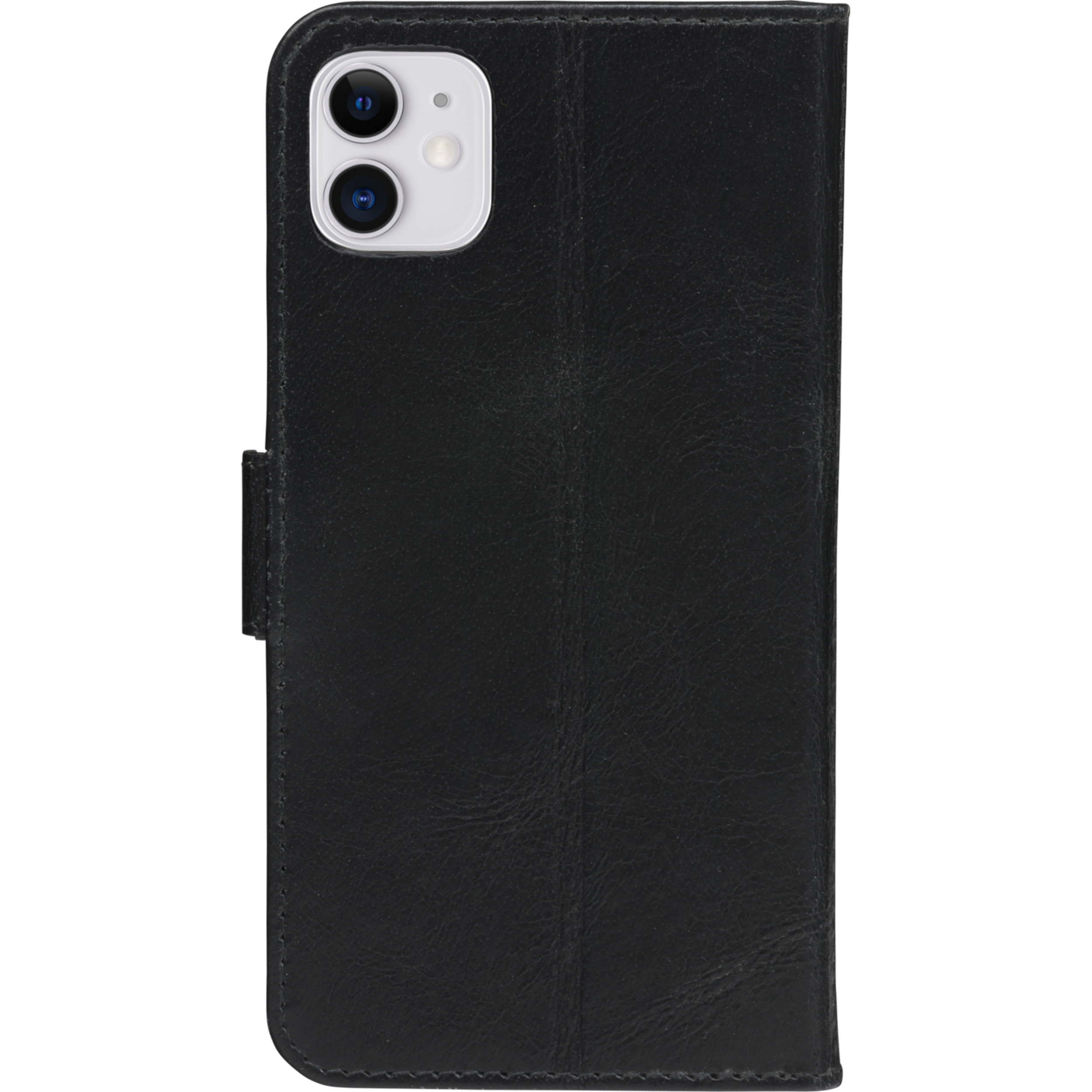 Schwarzes Leder-Flip-Case für ein Smartphone mit sichtbarer Kamera.