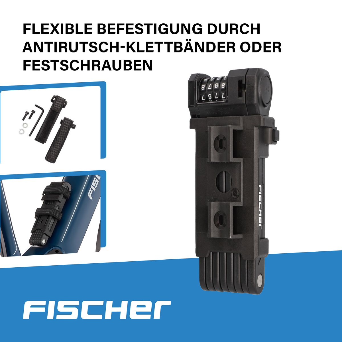 Fahrradschloss mit Zahlenkombination und Befestigungszubehör.