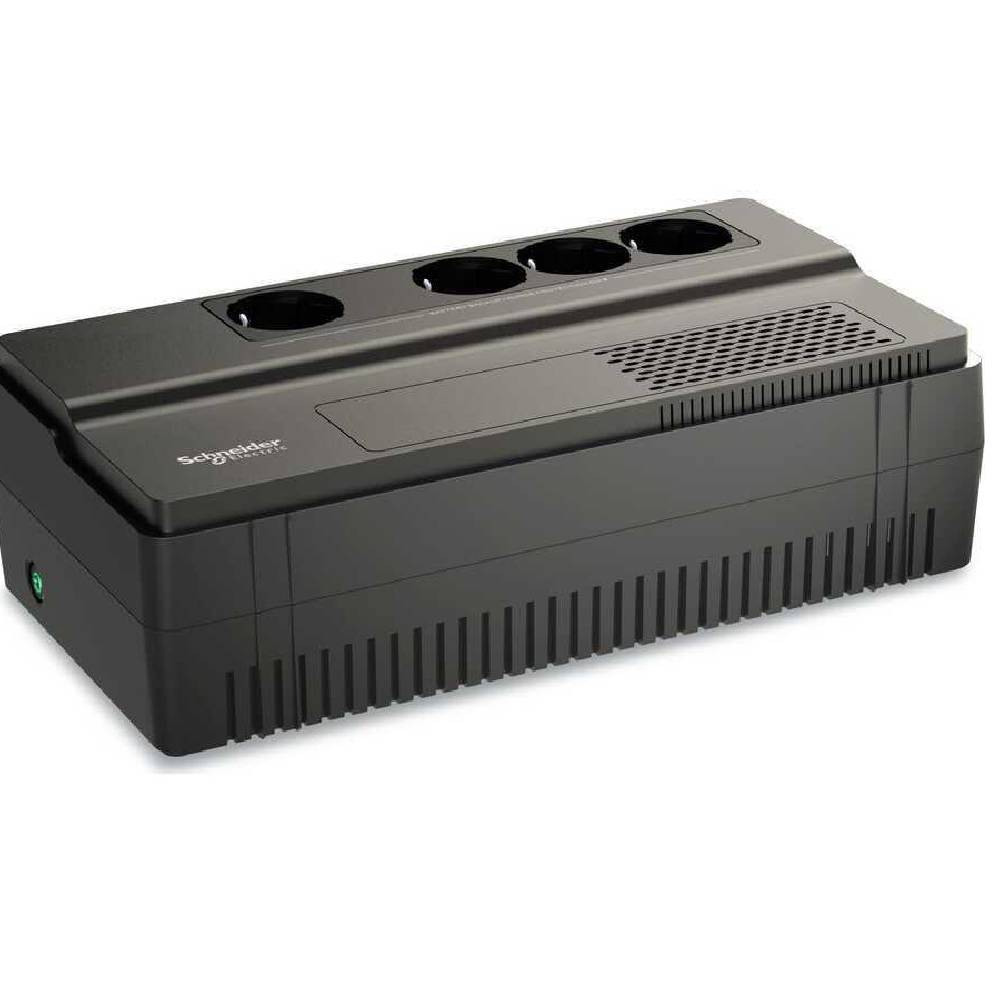 Üstünde dört priz bulunan siyah Schneider Electric aşırı gerilim koruyucu.