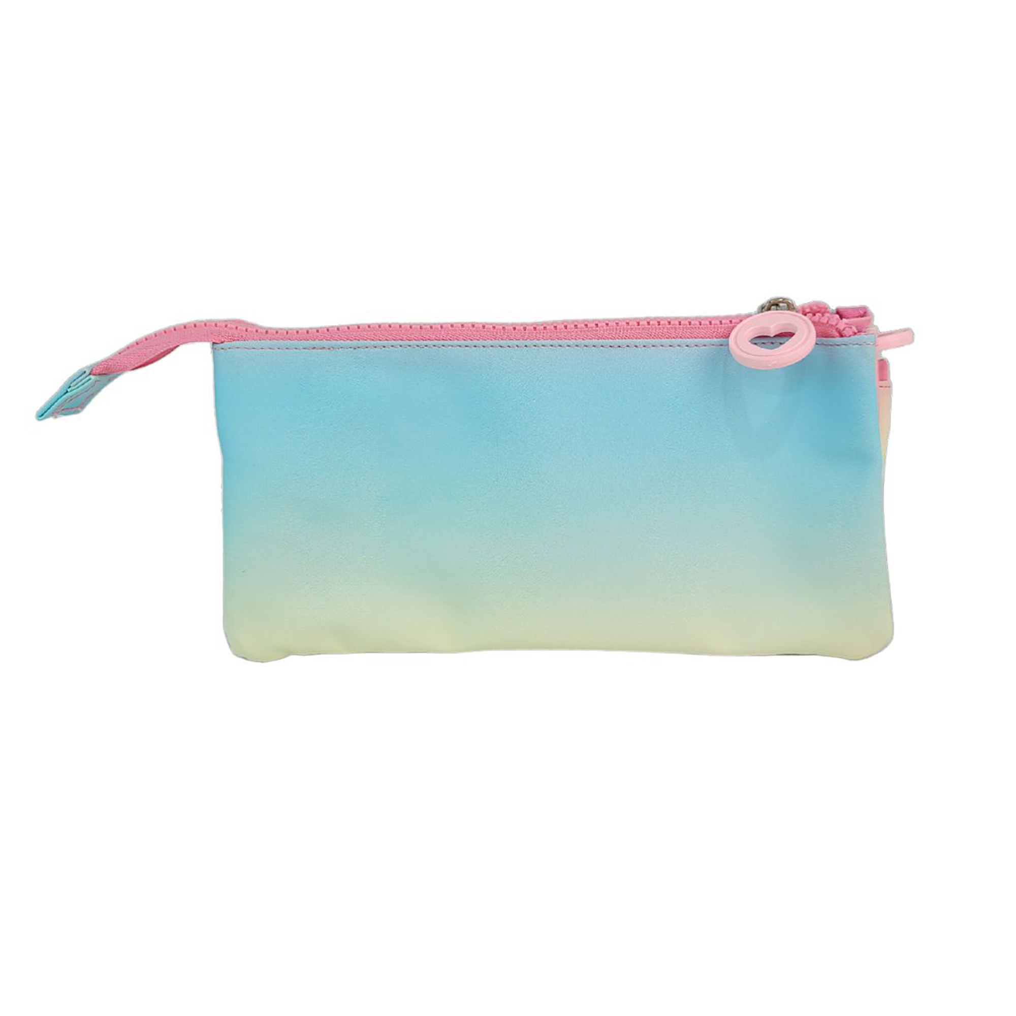 Una bolsa azul y amarilla con cremallera rosa y tirador de corazón.
