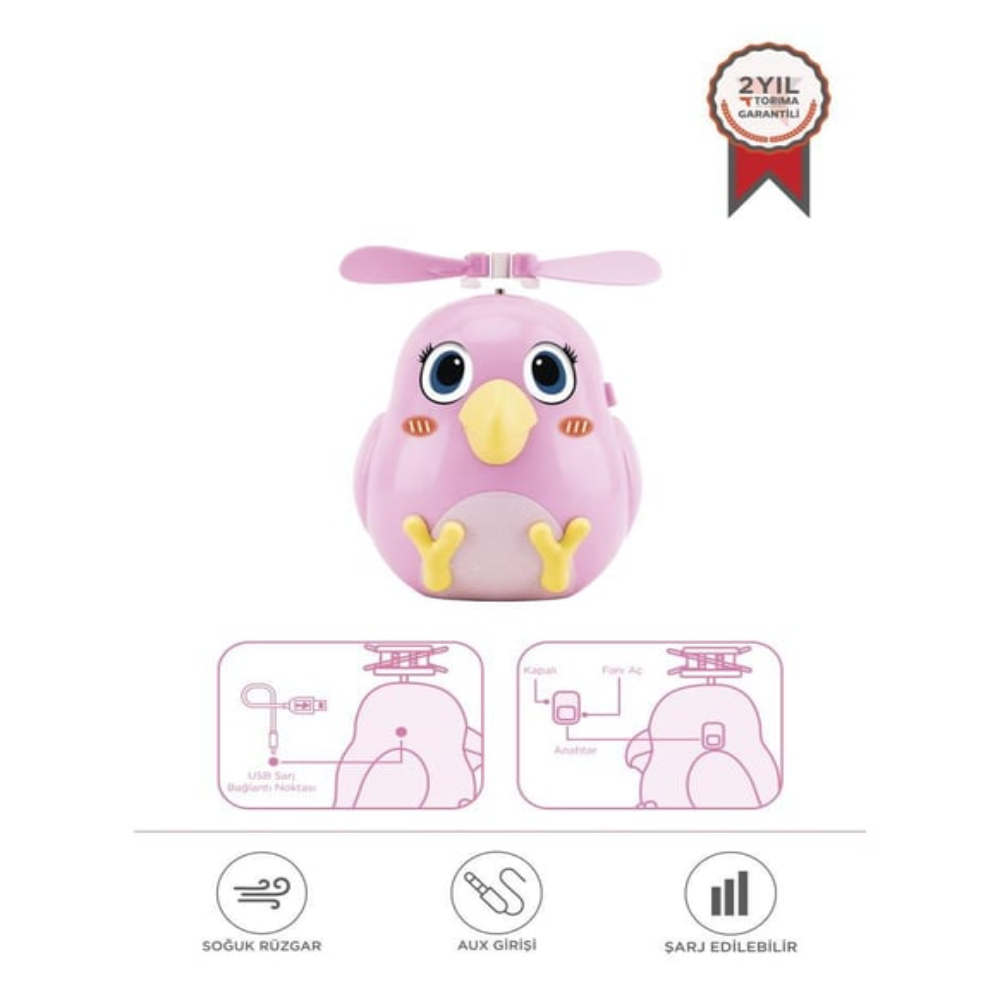 Kuş şeklinde pembe fan, pervaneli, USB girişli ve garantili.