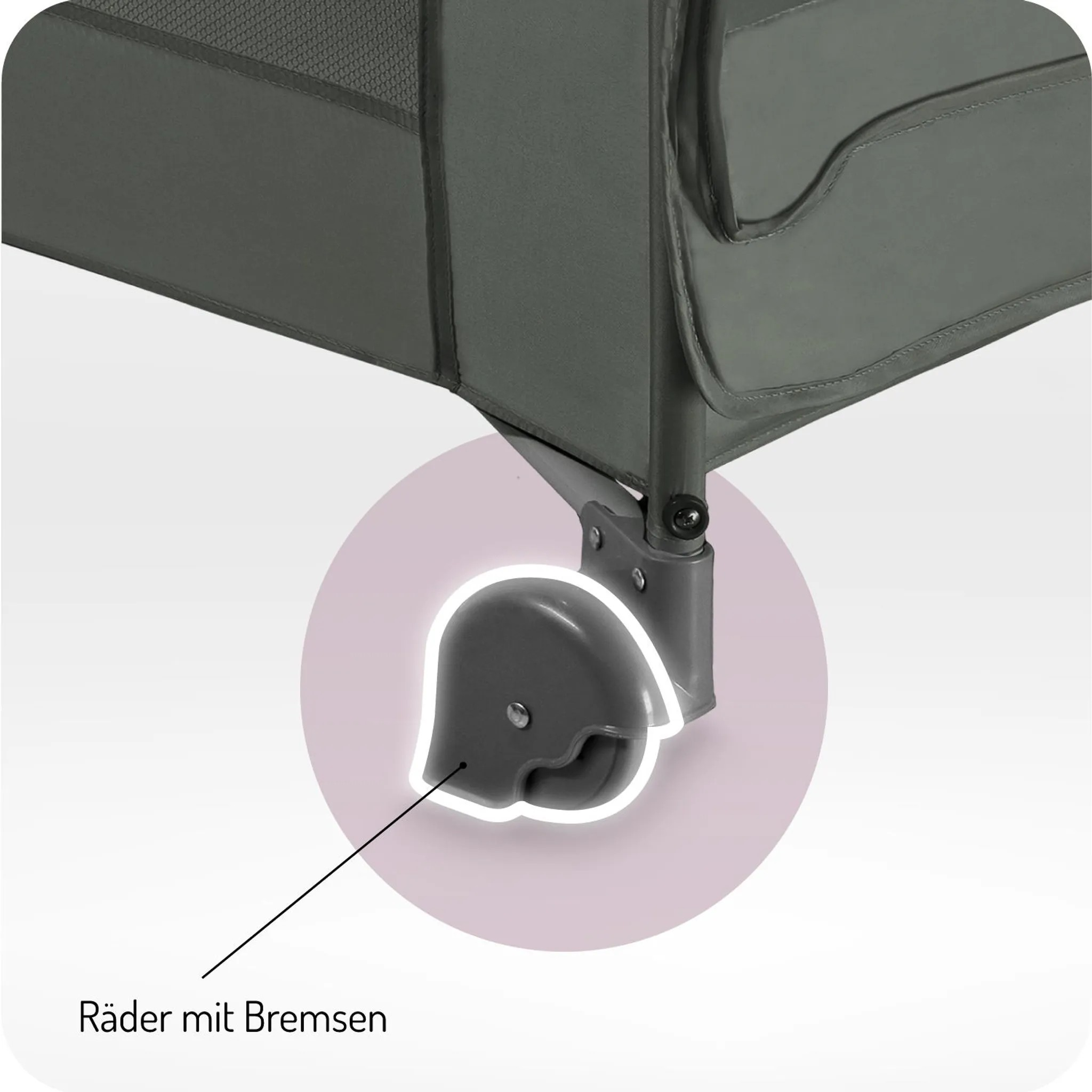 Graues Bettgitter mit zwei Rädern und Bremsen.