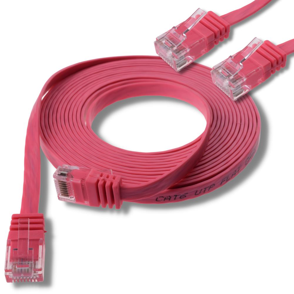 Şeffaf RJ45 konektörlü, sarılmış pembe düz Cat6 UTP Ethernet kablosu.