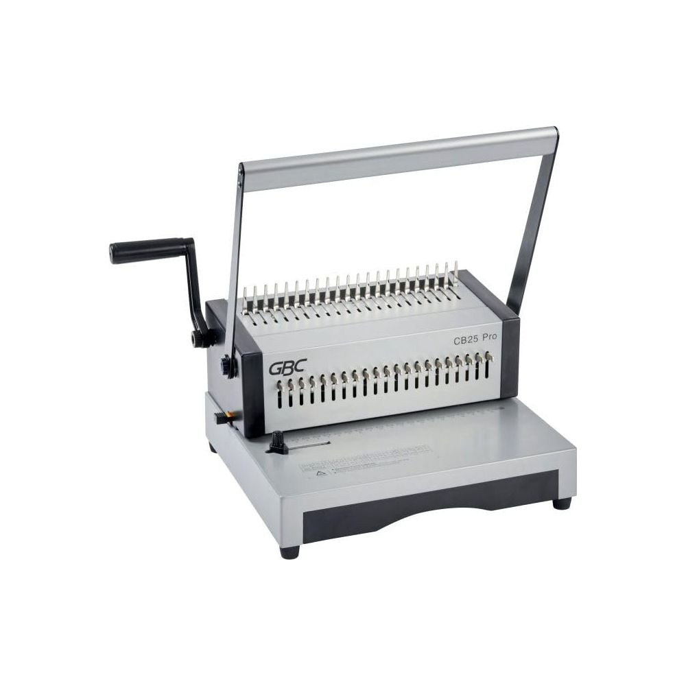 Ein silberner GBC CB25 Pro Aktenbinder mit silbernem Griff und schwarzen Akzenten.