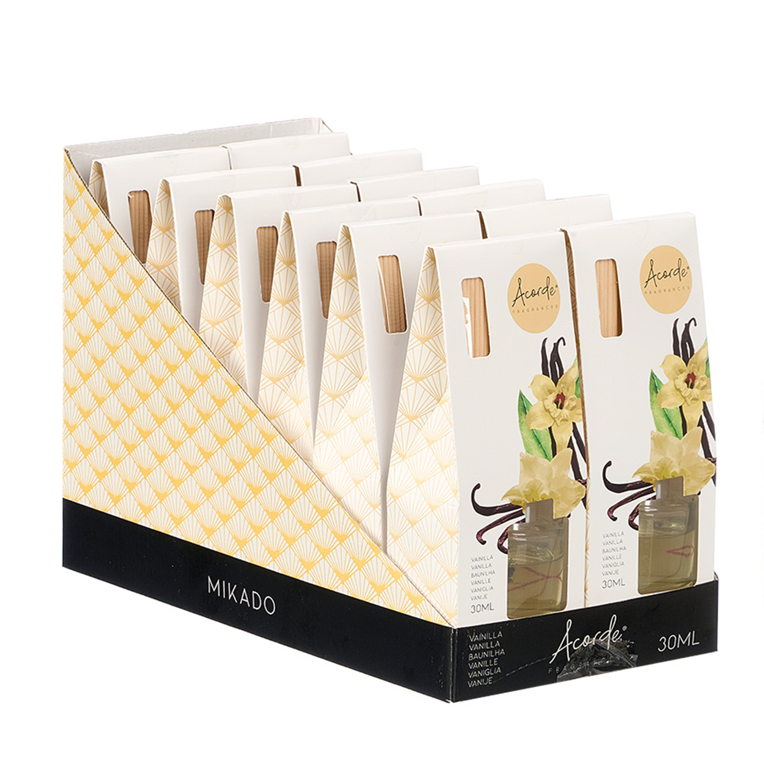 Caja expositora de difusores de caña de vainilla con embalaje amarillo y blanco.