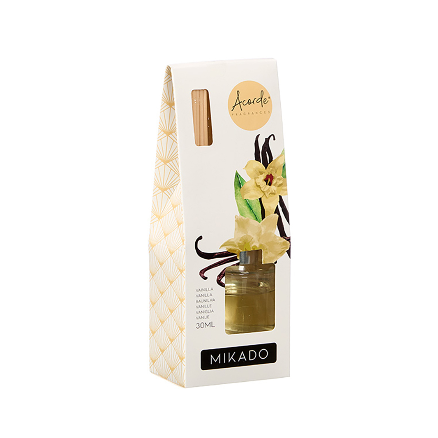 Un ambientador Mikado con aroma a vainilla, flor amarilla y varillas marrones.