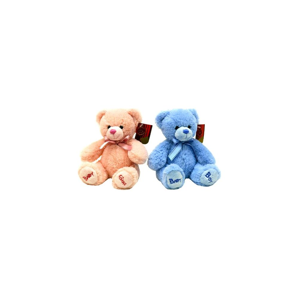 Deux oursons en peluche, un rose avec 'Girl', un bleu avec 'Boy'.