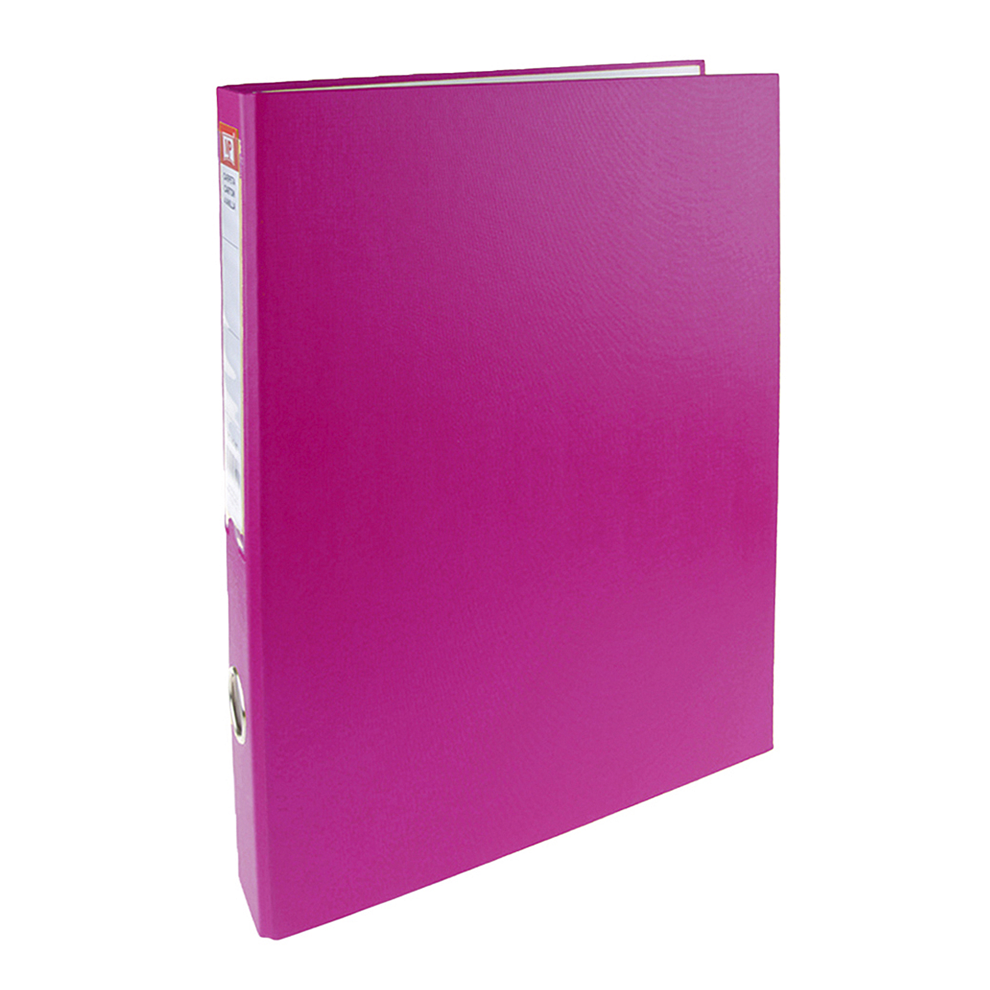 Carpeta rosa brillante con mecanismo de anillas plateado y portatarjetas.