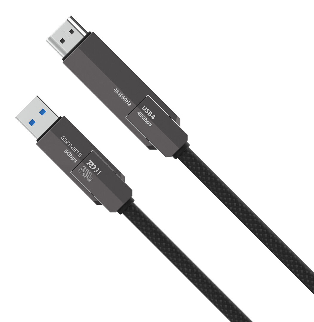 Graues USB4-Kabel mit 40 Gbit/s und HDMI-Stecker, 4K@60Hz.