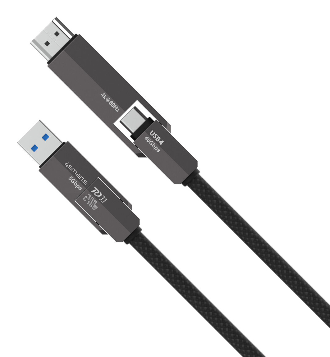 Ein dunkler Kabeladapter mit USB-A- und USB-C-Anschlüssen sowie HDMI.