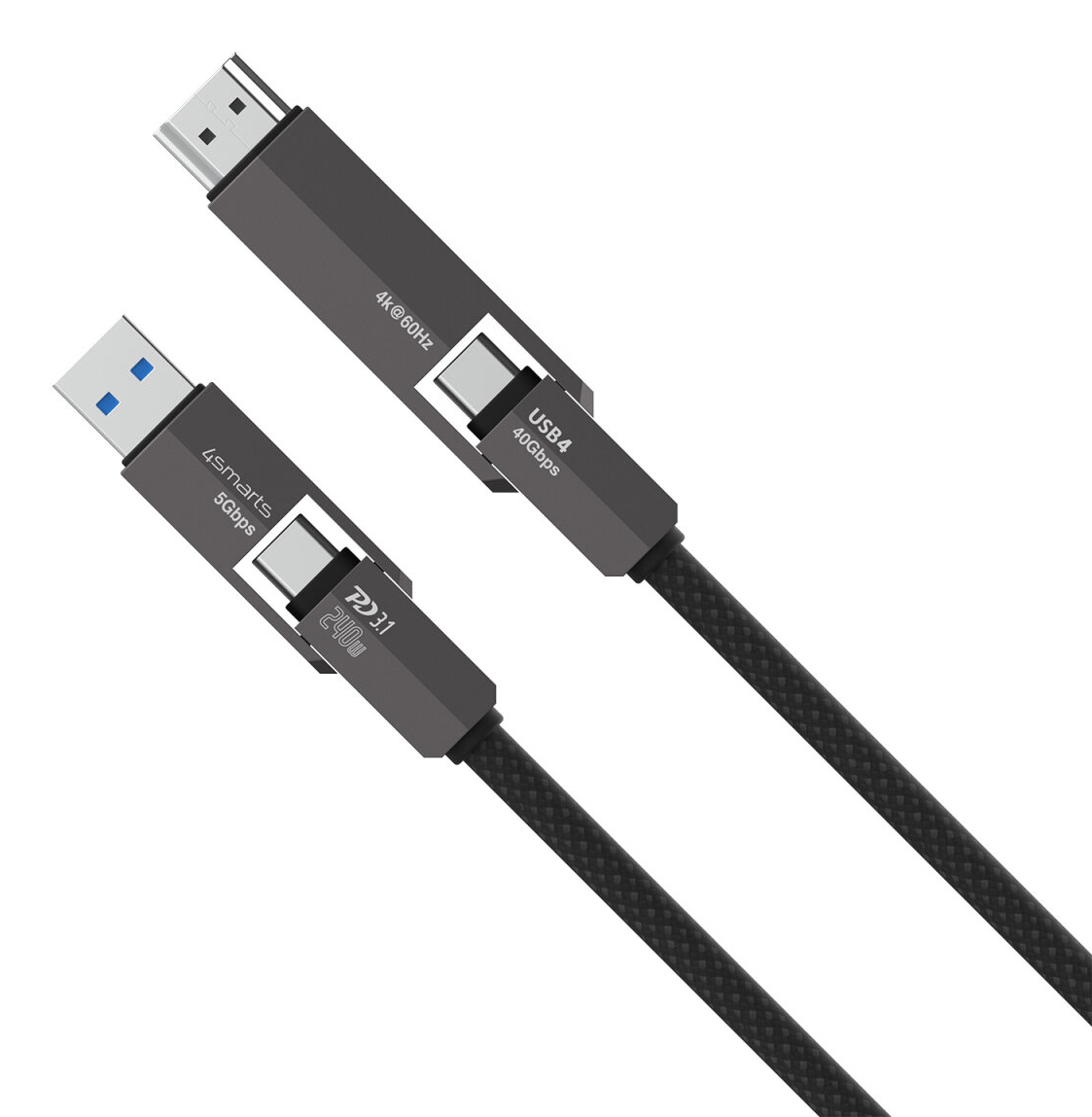 Graues USB4-Kabel mit HDMI- und USB-C-Anschlüssen, 4K@60Hz, 40Gbps, 5Gbps.