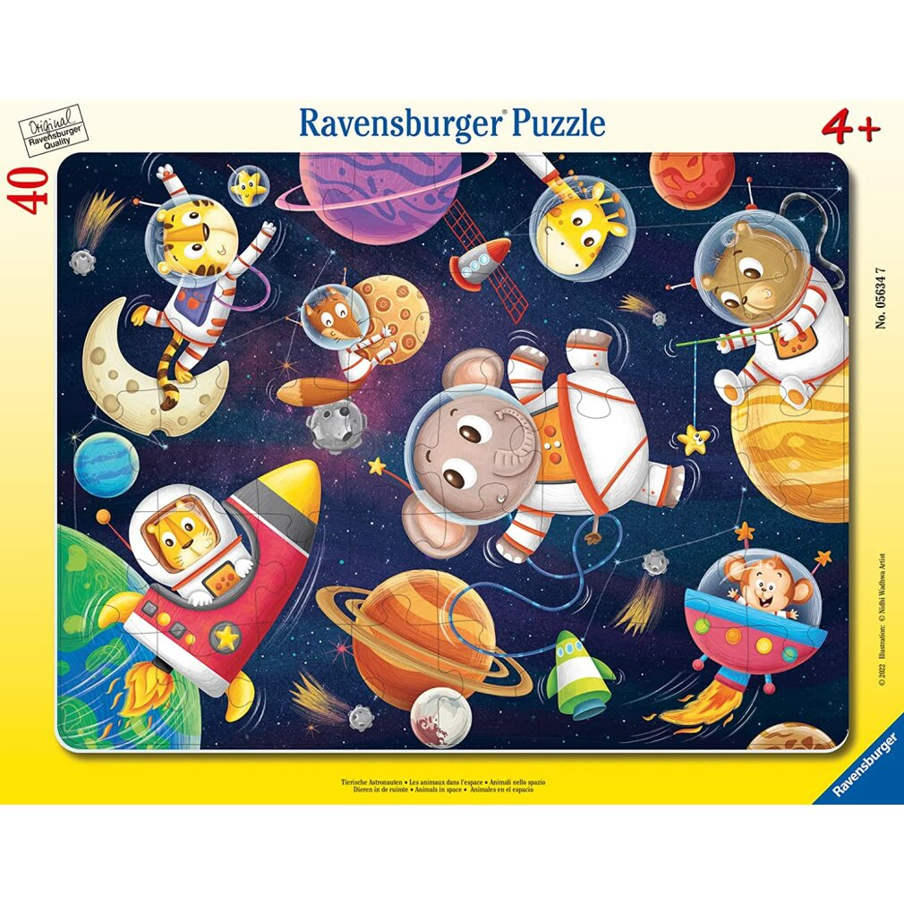 Animali astronauti nello spazio: elefante, tigre, giraffa, topo, volpe, scimmia.