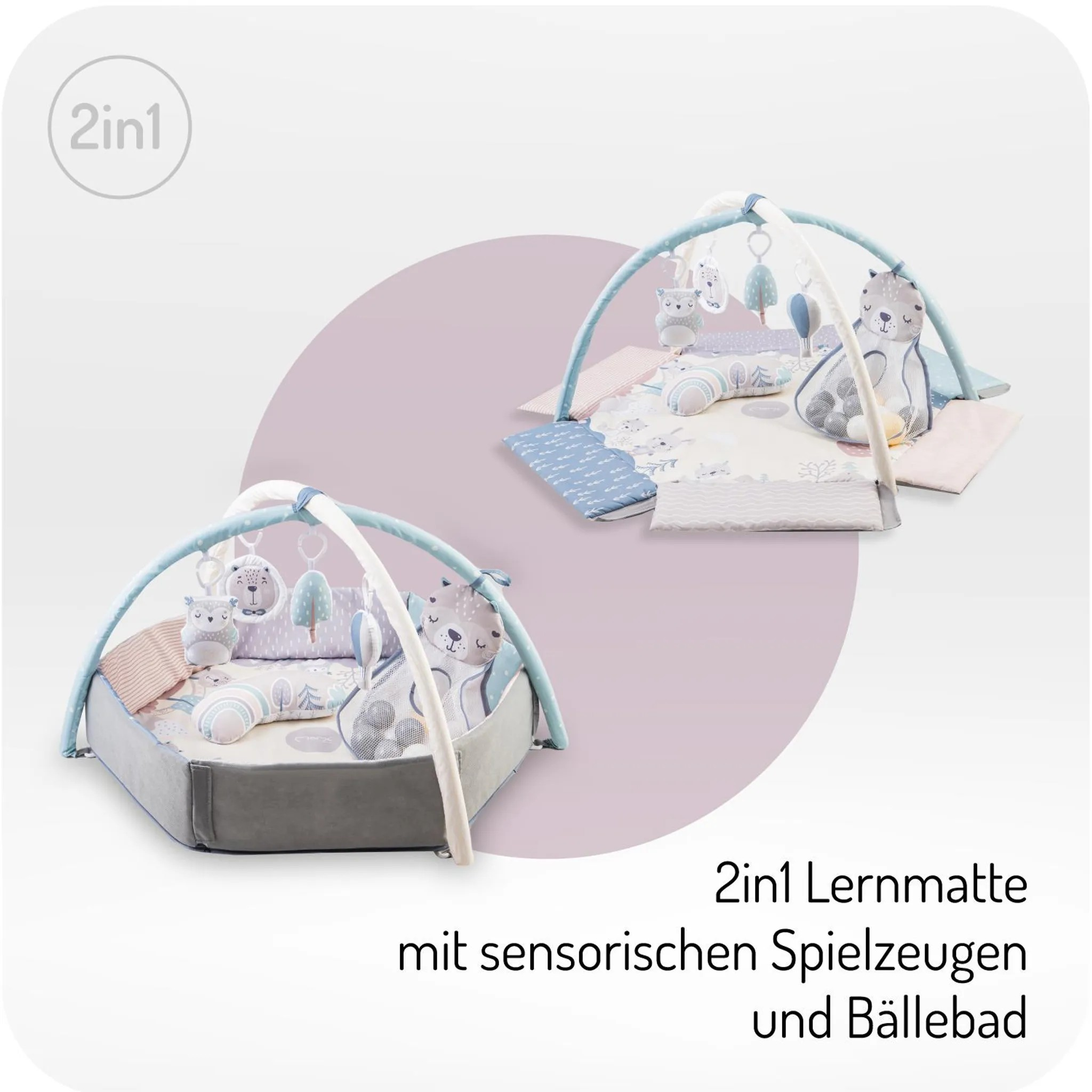 Baby-Spieldecke mit Spielbogen und Tieren, auch als Bällebad nutzbar.