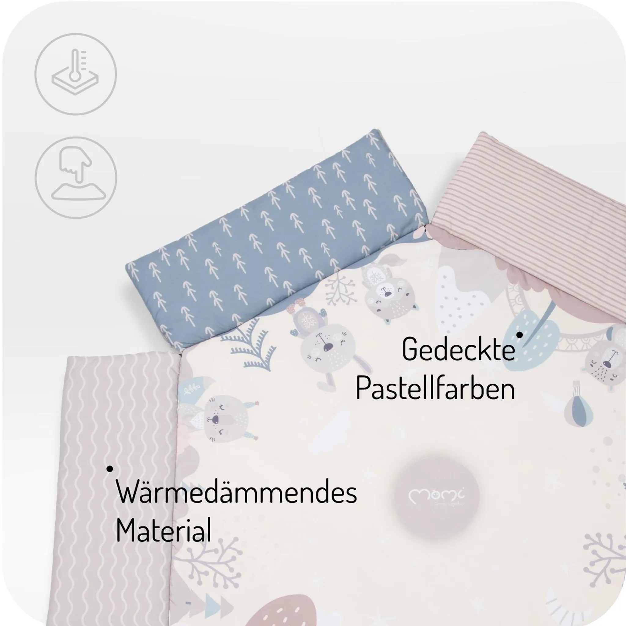 Babybettwäsche mit Tiermotiven und Pfeilmuster. Gedruckt auf pastellfarbenem Stoff.