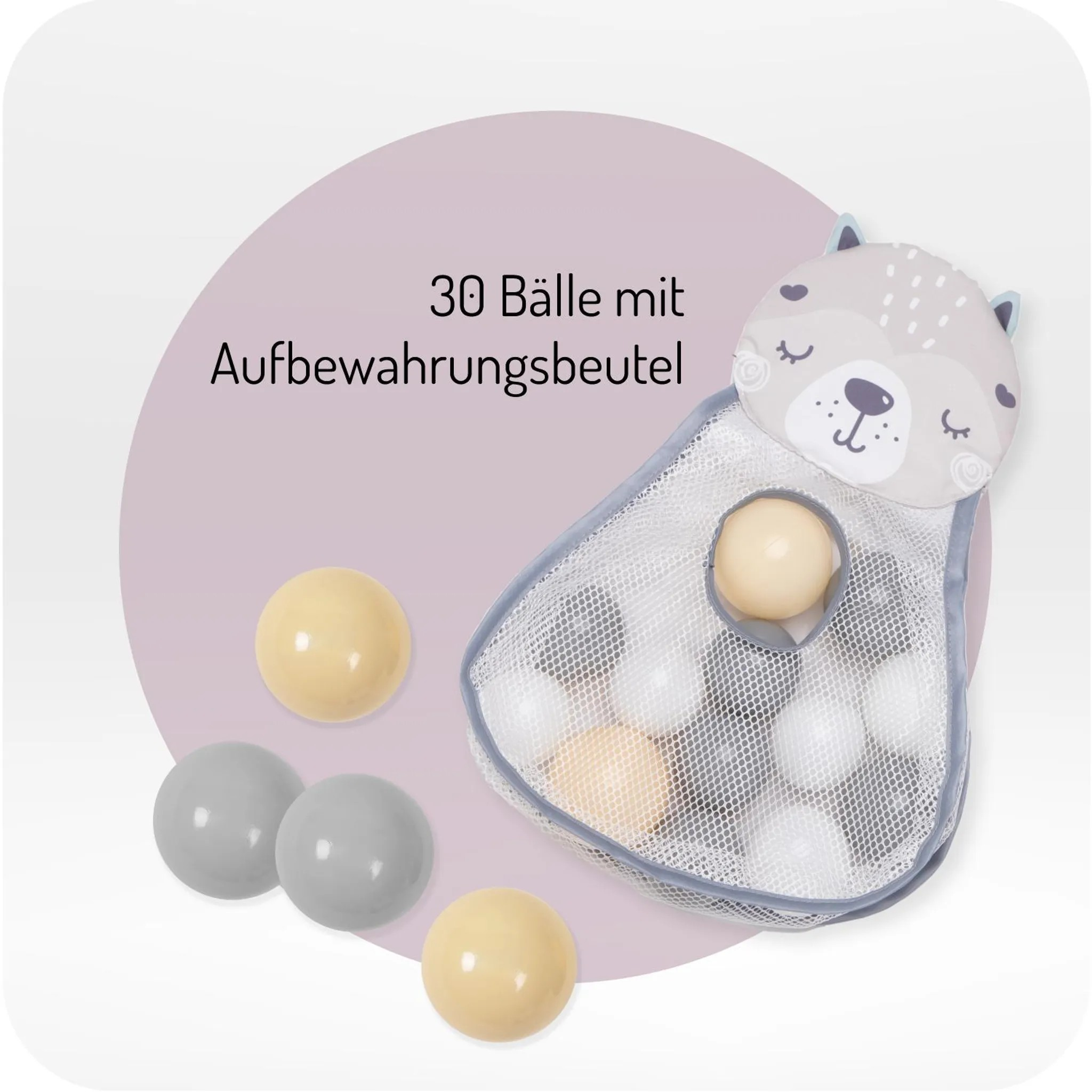 Graue und gelbe Bälle in und neben einem Netzbeutel mit Tiergesicht.
