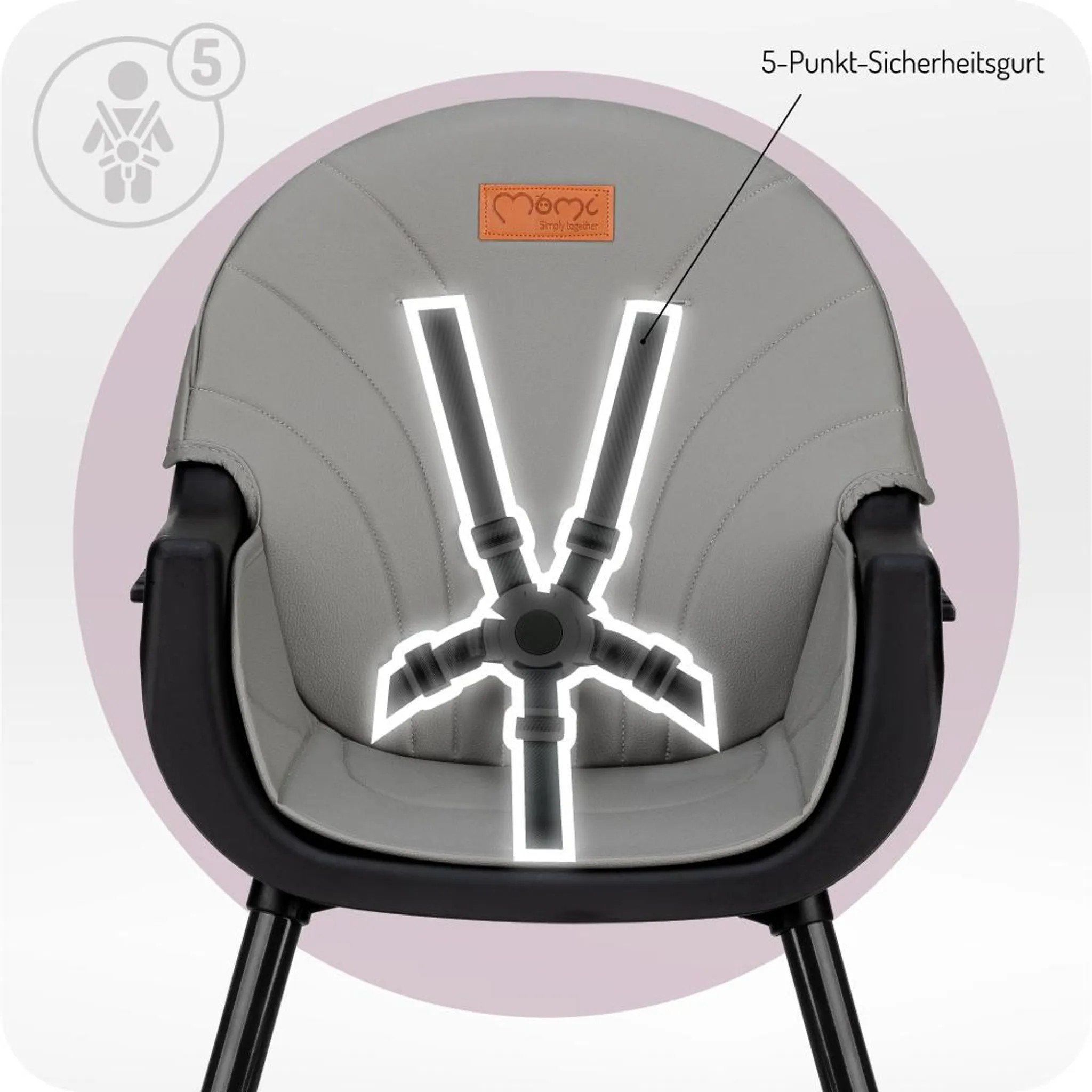 Grauer Kindersitz mit 5-Punkt-Gurt und Logo. Kindersymbol mit 5.