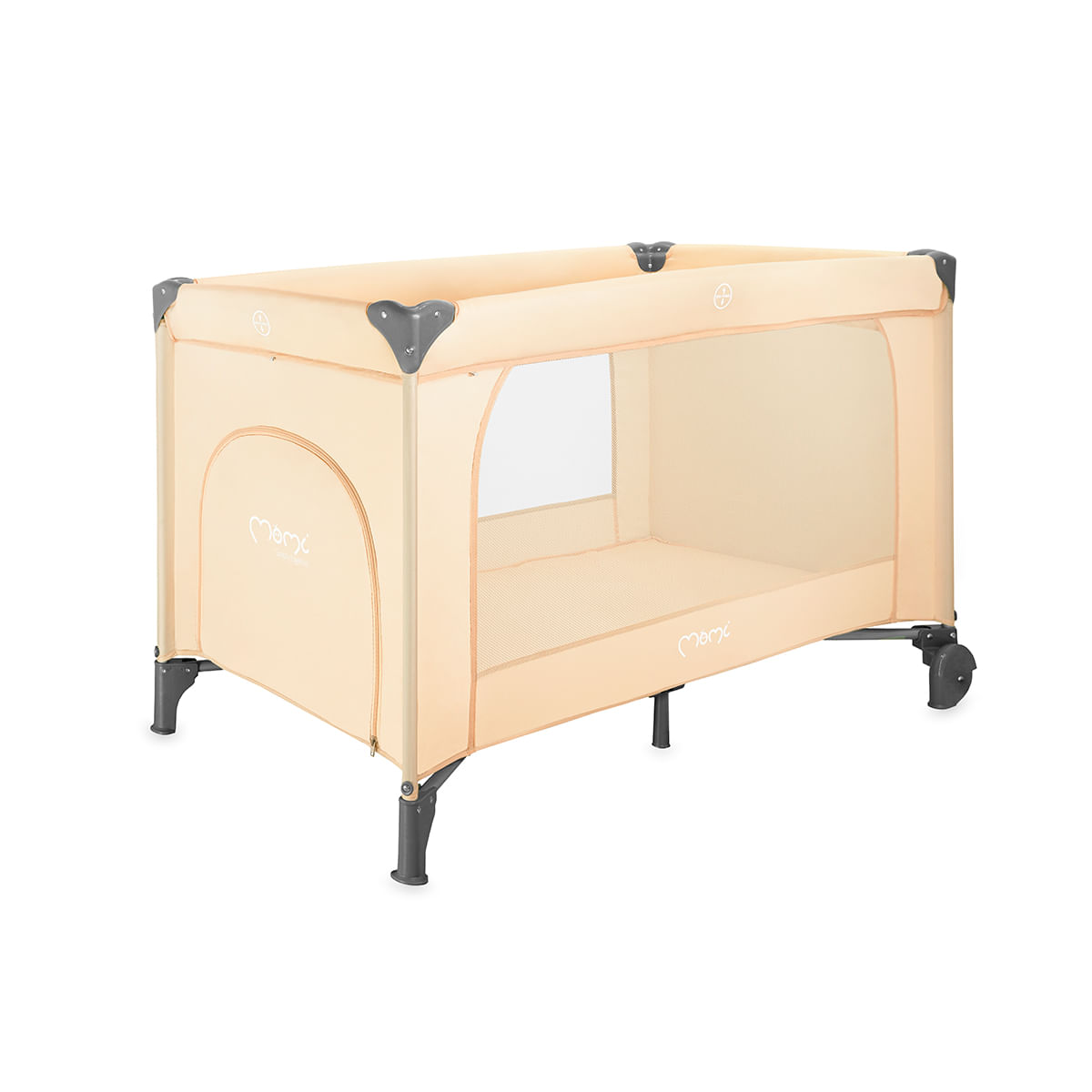Una cuna de viaje beige claro con esquinas y patas oscuras, ventanas de malla y ruedas.
