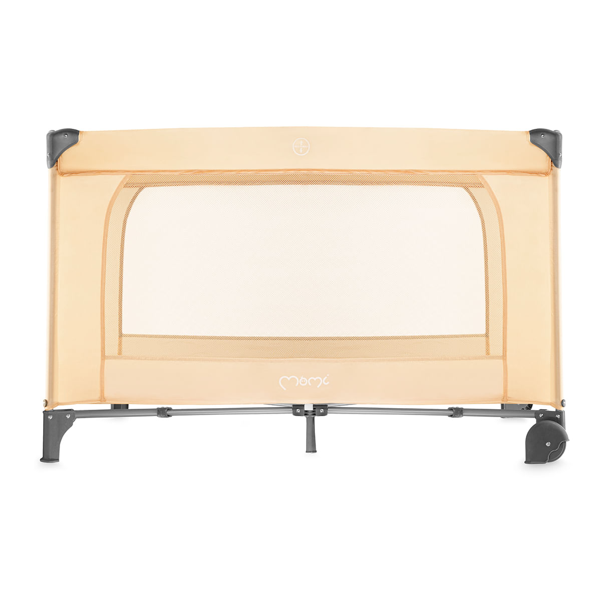 Una cuna de viaje beige con ventanas de malla y soportes grises.
