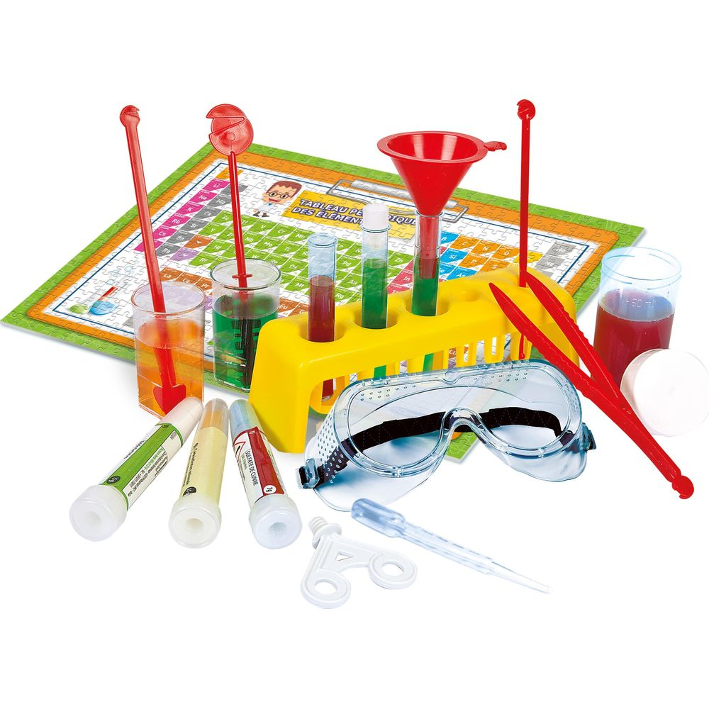 Un set di chimica con provette, occhiali, imbuto e un puzzle della tavola periodica.