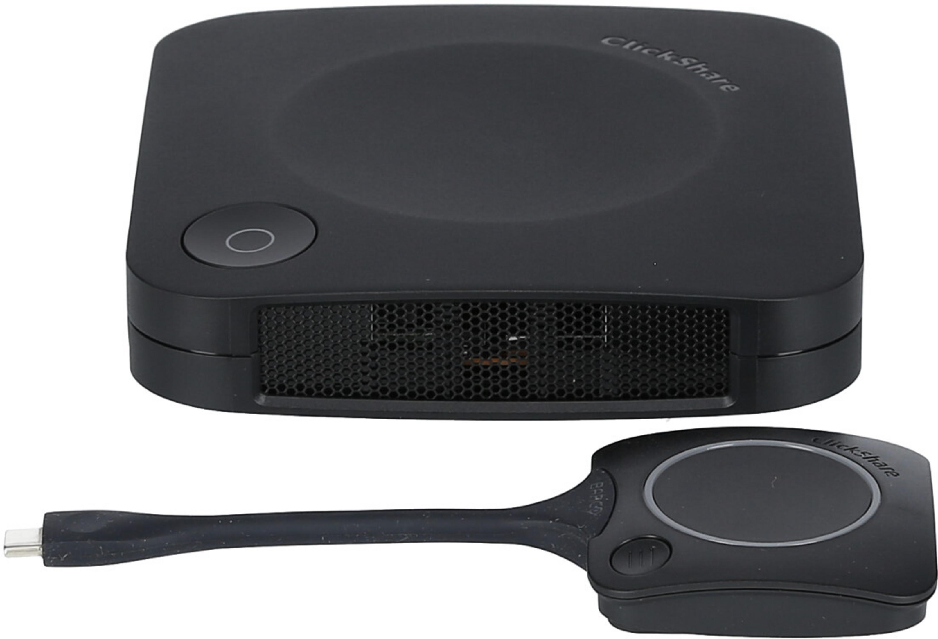 Un ricevitore ClickShare nero e un dongle USB sono uno accanto all'altro.