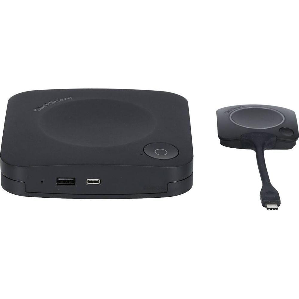 Un'unità base ClickShare nera e un pulsante ClickShare nero con connettore USB-C.