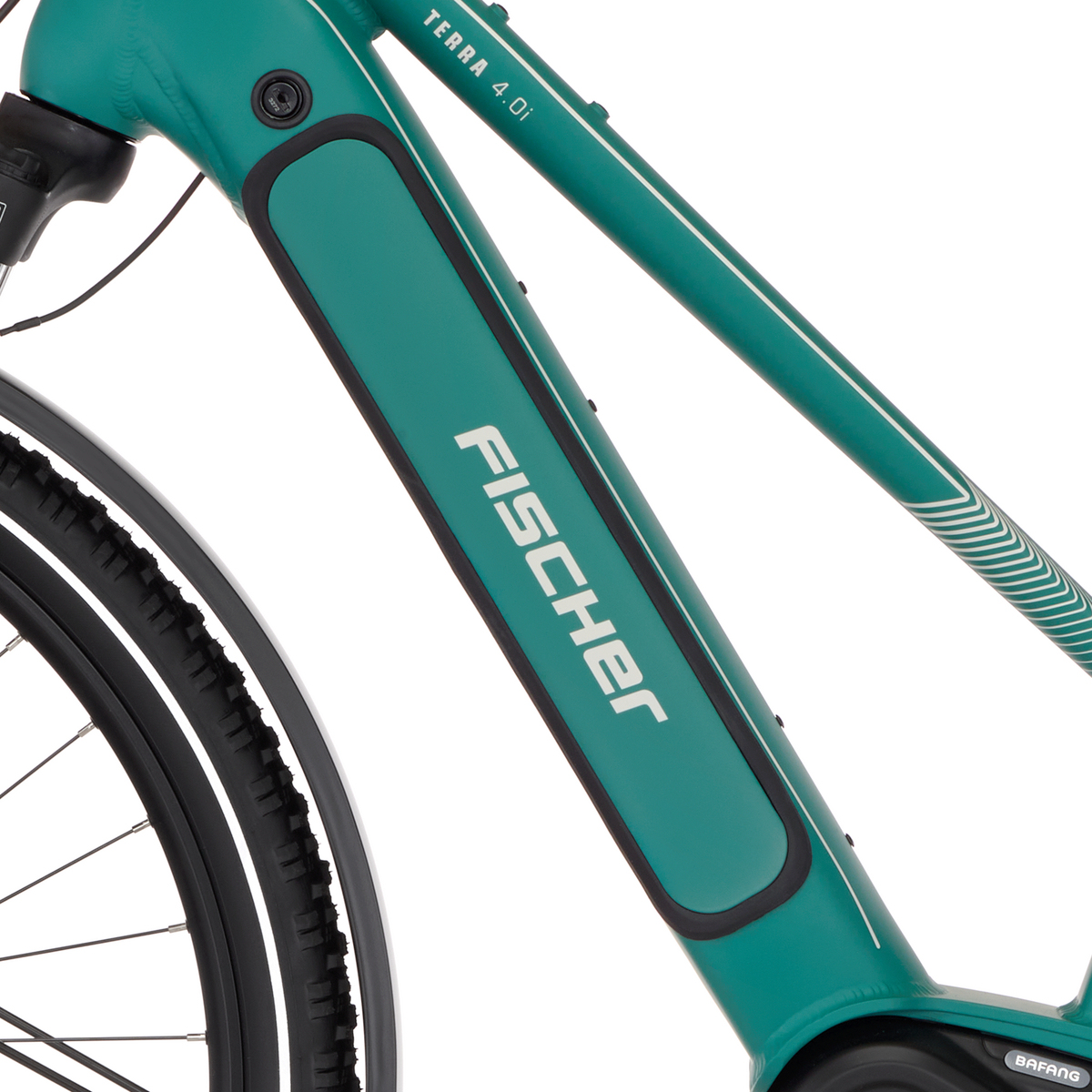 Grünes Fahrrad mit FISCHER-Logo auf dem Rahmen und TERRA 4.0i Aufschrift.