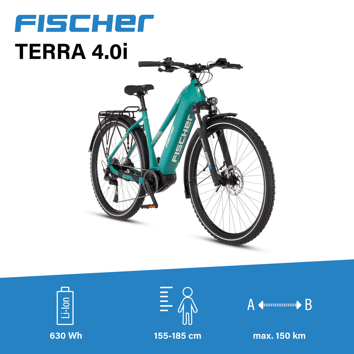 Ein türkisnes Fischer Terra 4.0i E-Bike mit Gepäckträger, Details zu Akku, Größe und Reichweite.