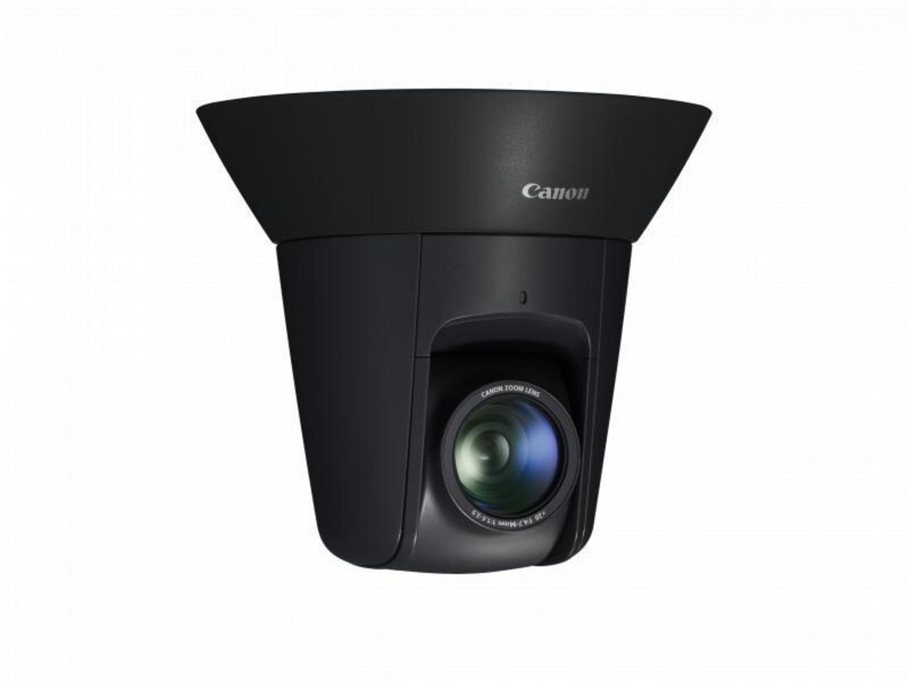 Schwarze Canon-Kamera mit Zoomobjektiv, auf weißem Hintergrund.