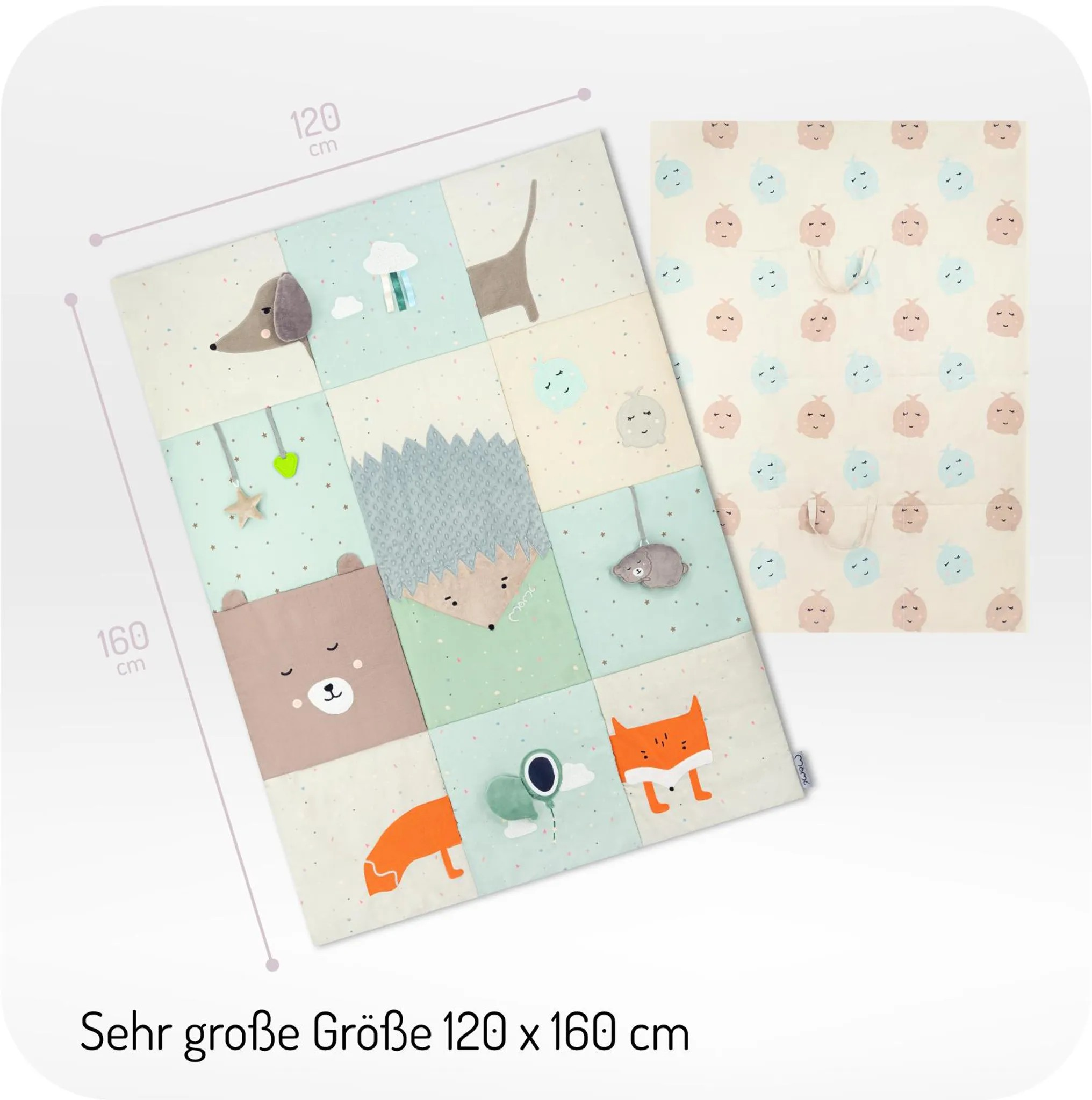 Spielmatte mit Tiermotiven, 120 x 160 cm. Links ein Hund, Bär, Fuchs. Rechts ein Kätzchen.