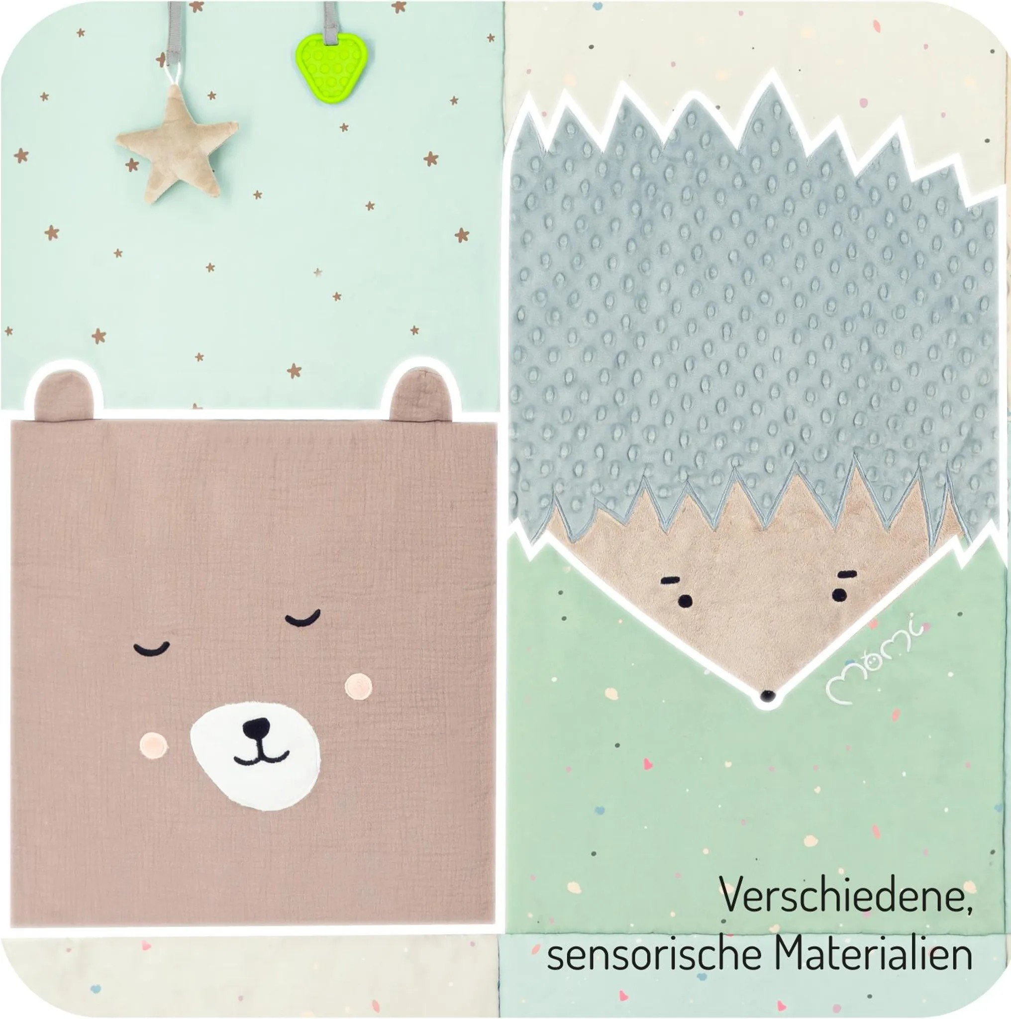 Babydecke mit Bär und Igel Motiv. Bunte Sterne & Punkte.