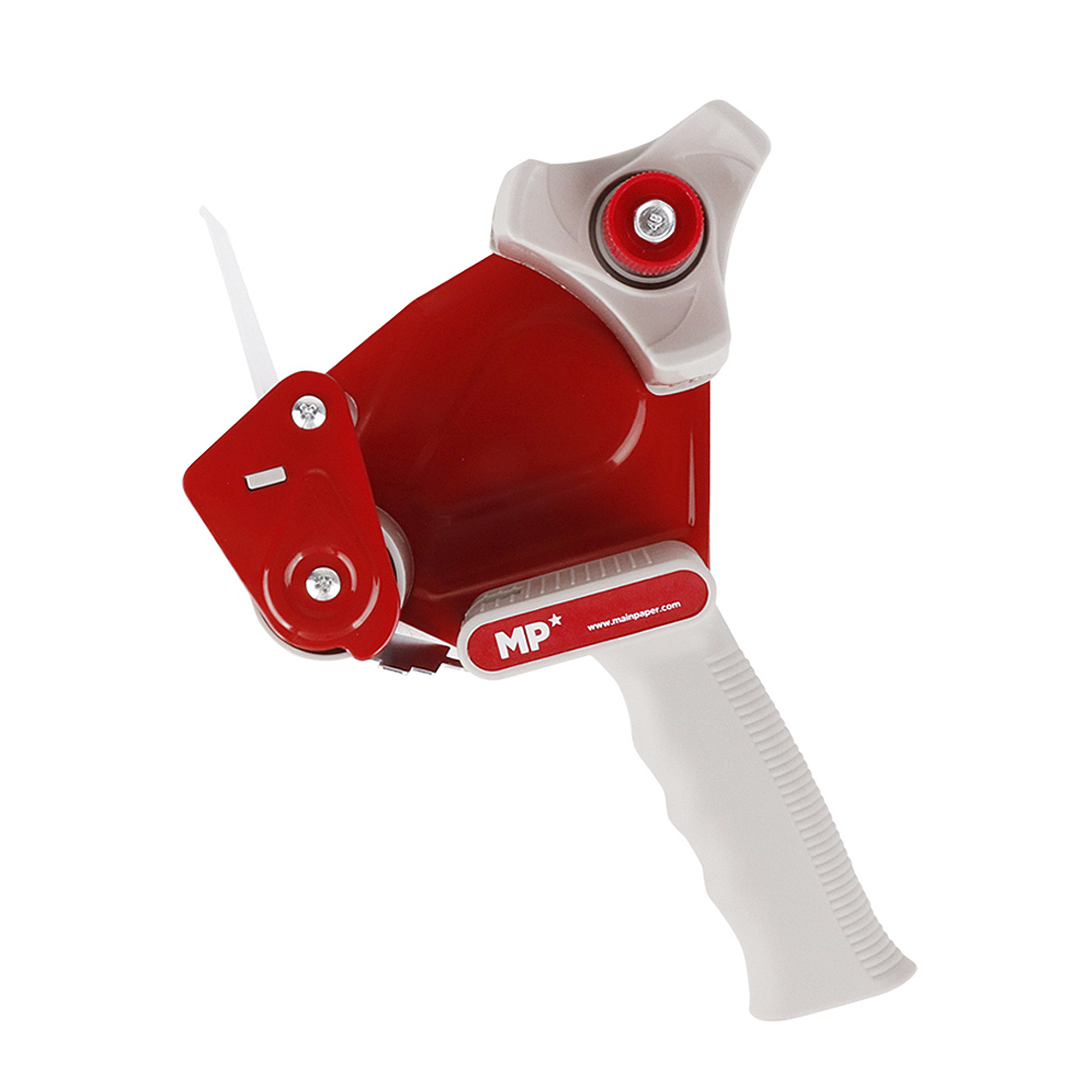 Un dispenser di nastro adesivo rosso con manico bianco e lama argentata.