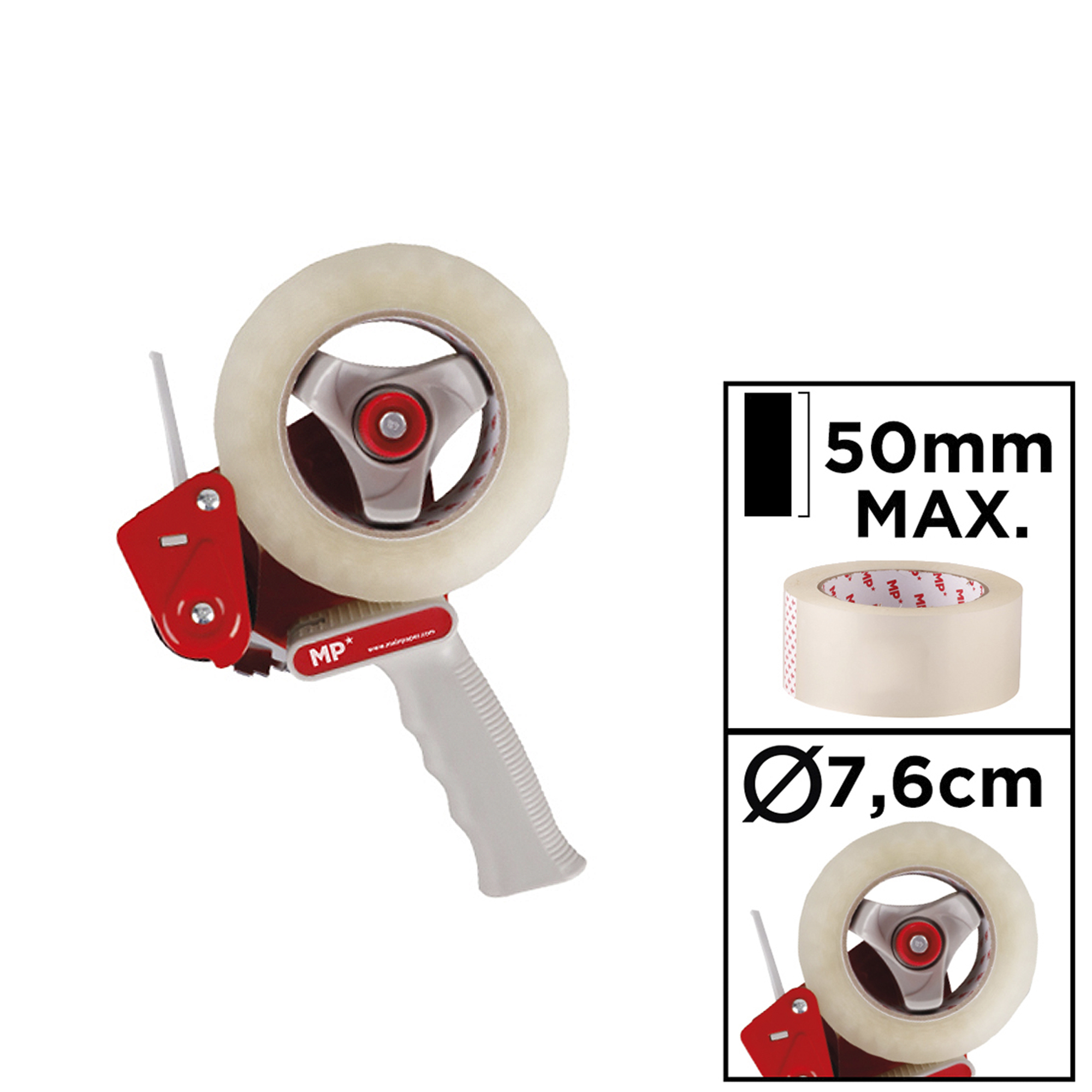 Dispenser per nastro adesivo con nastro trasparente e specifiche.