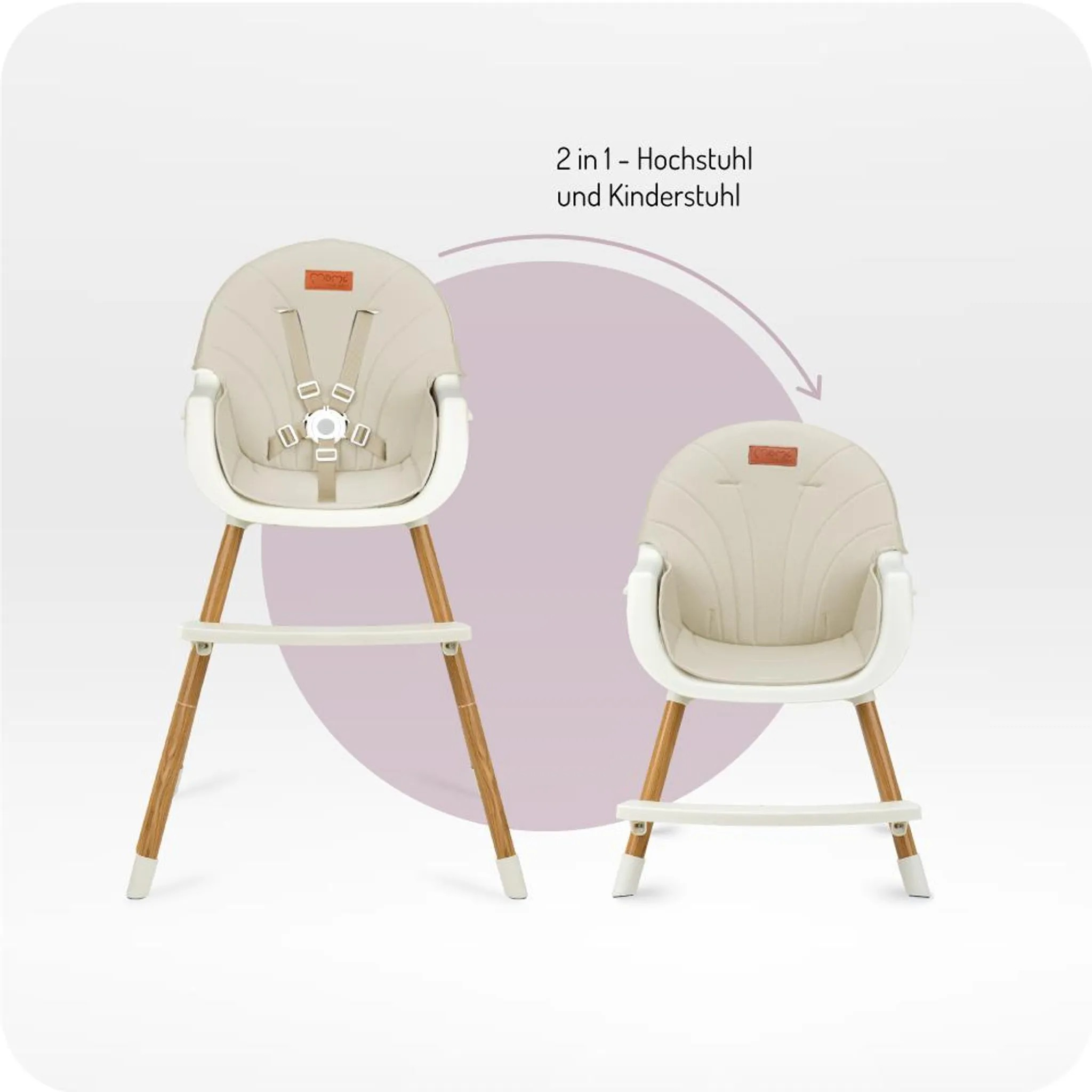 Zwei beige Hochstühle mit Holzbeinen, einer hoch und einer niedriger.
