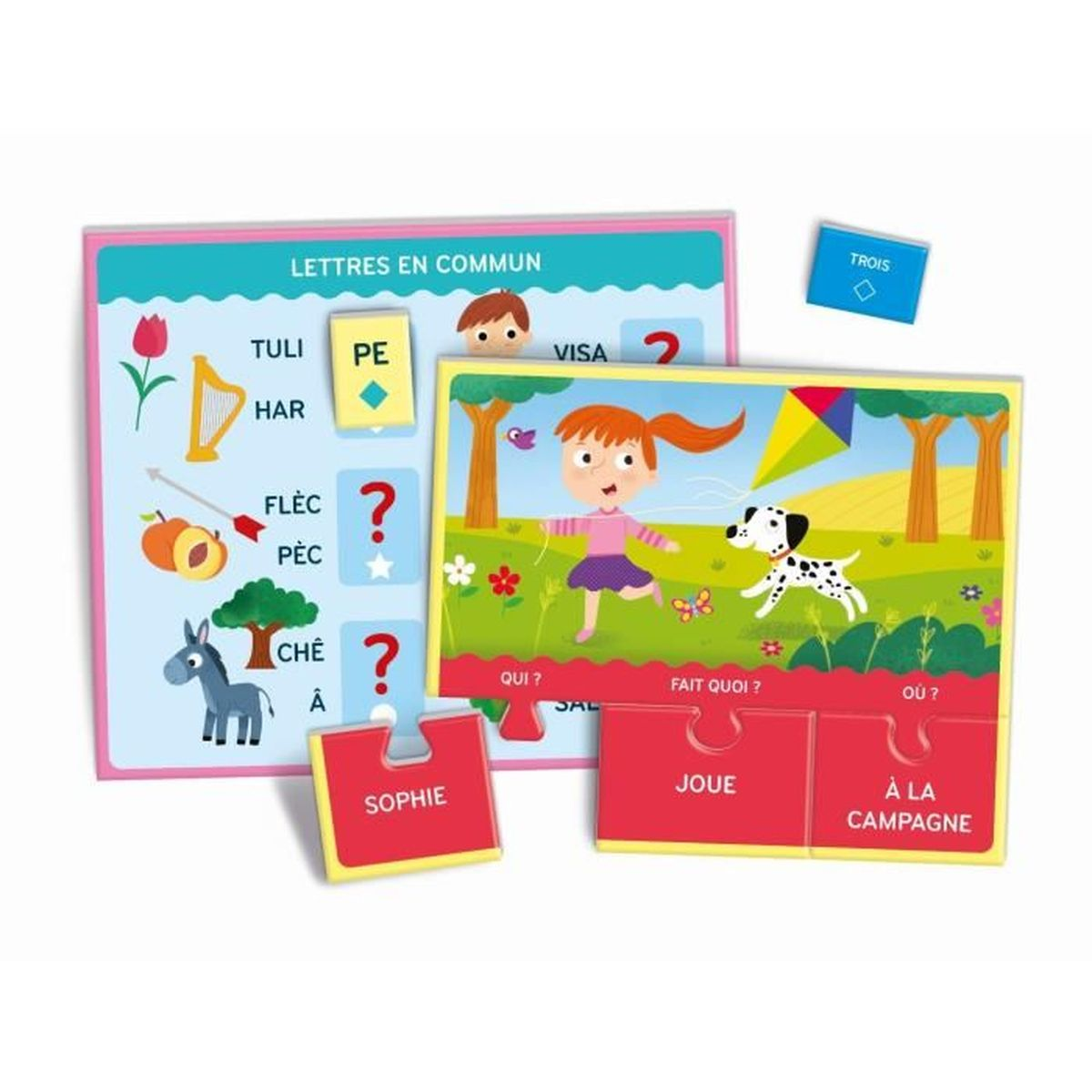 Un gioco didattico con immagini, lettere e numeri. Una bambina gioca con un cane.