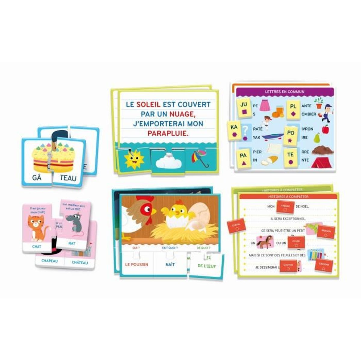 Carte da gioco con illustrazioni di cibo, meteo, animali e lettere.
