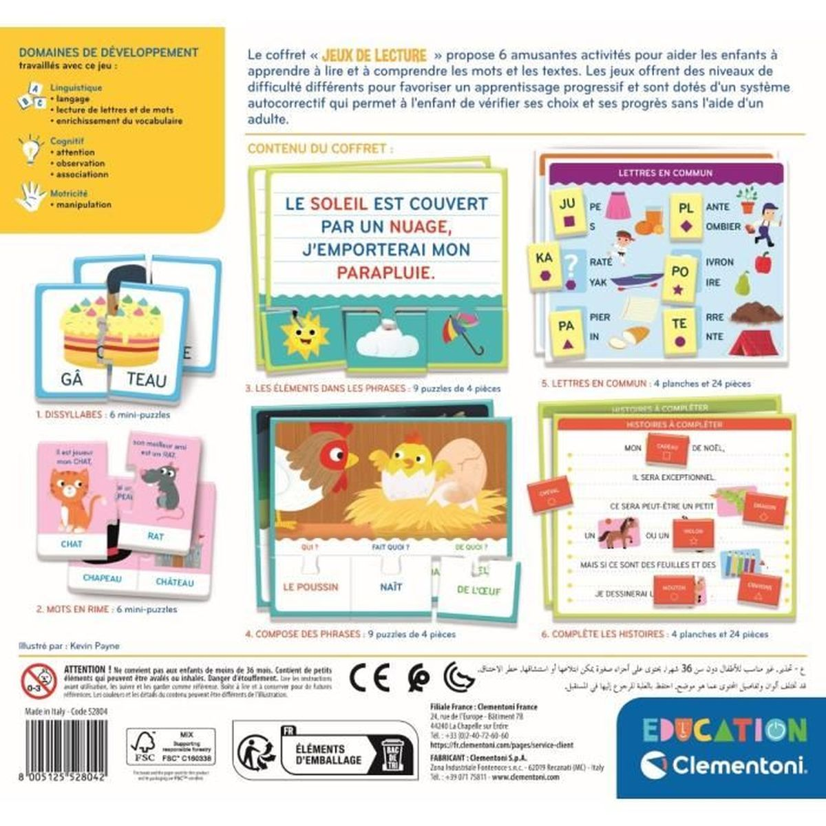 Scatola per un gioco educativo con puzzle, carte e immagini per bambini.