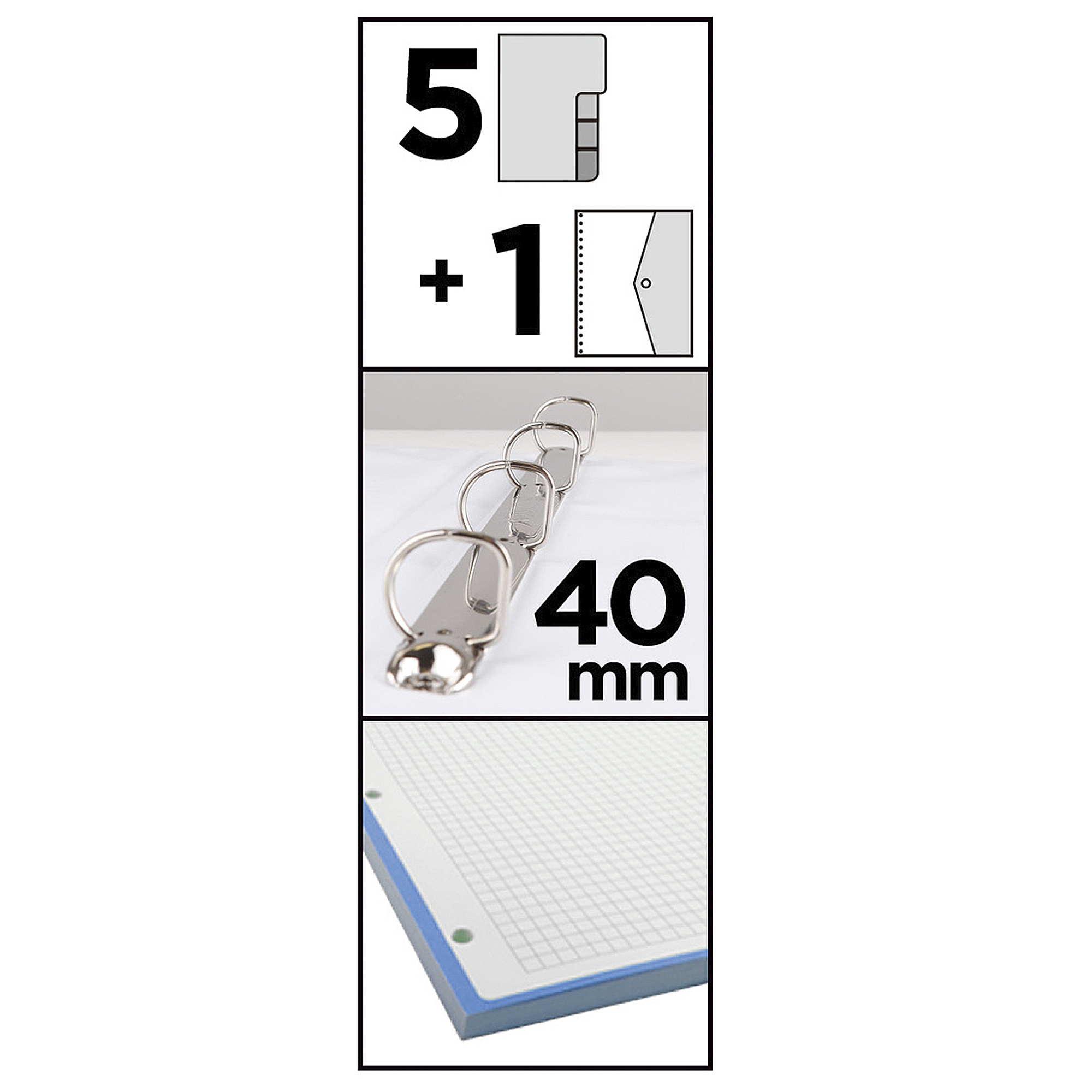 Raccoglitore con 5+1 tasche, meccanismo ad anelli da 40mm e carta a quadretti.