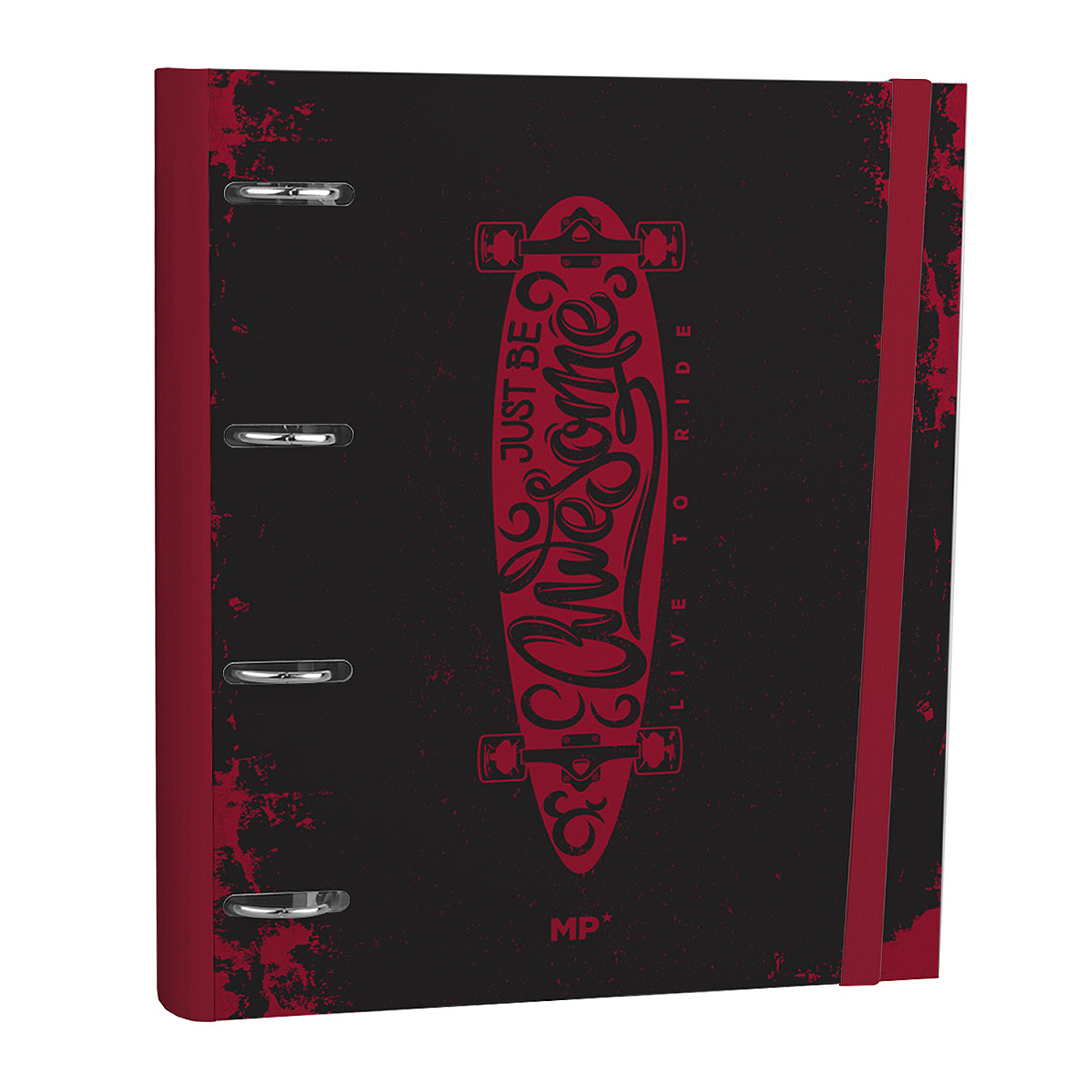 Raccoglitore nero con grafica longboard rossa e testo.
