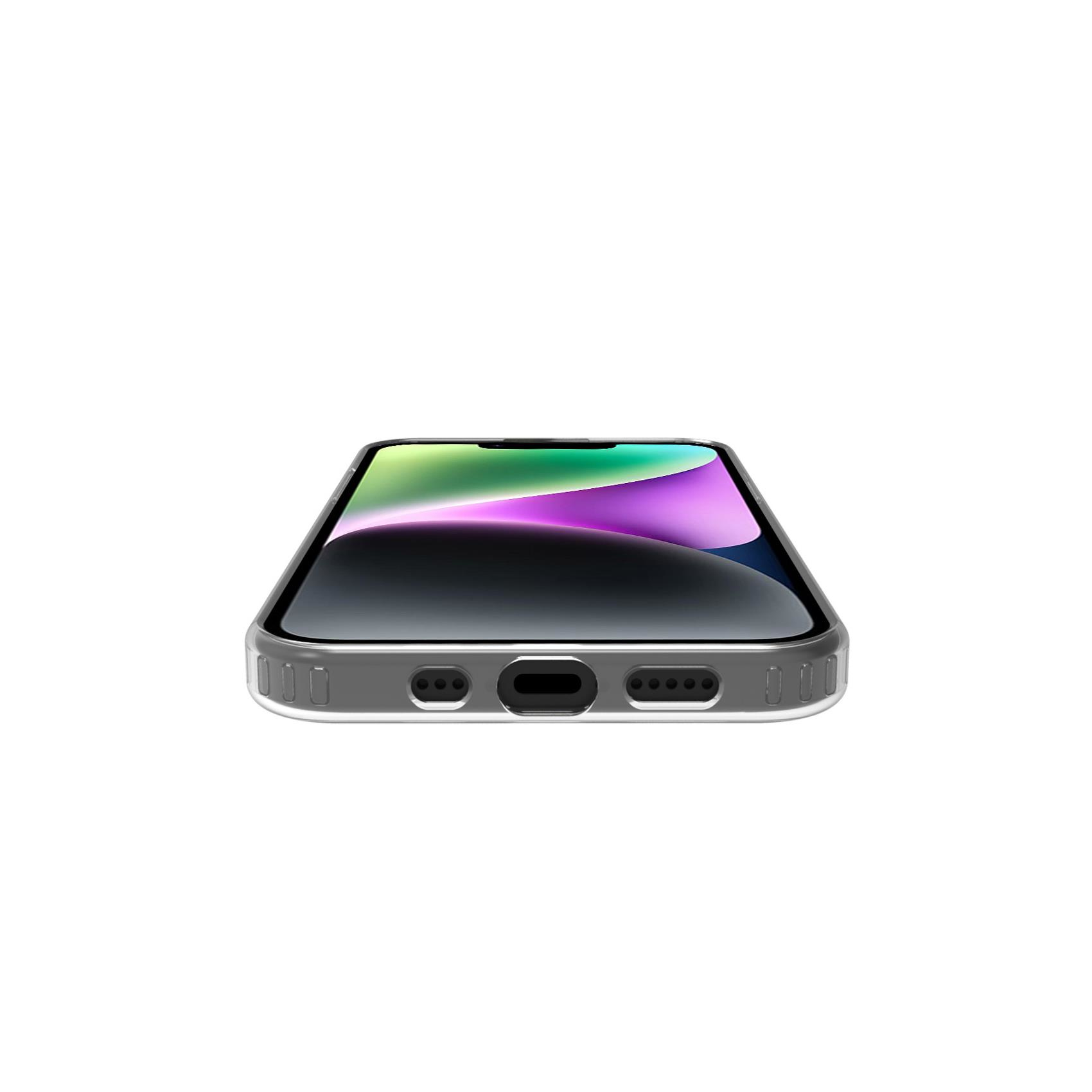 Uno smartphone argentato con bordo schermo colorato poggia su sfondo bianco.