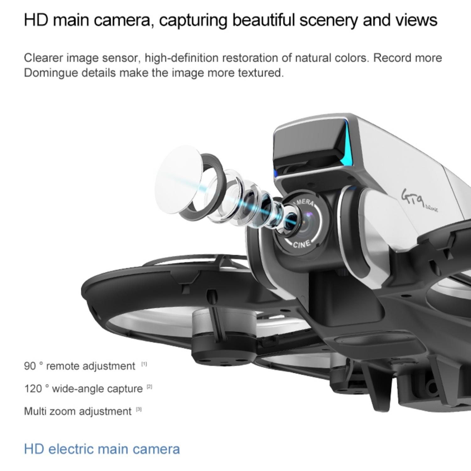Drohne mit HD-Hauptkamera, Objektiv und Beschriftungen, die auf einem weißen Hintergrund hervorgehoben sind.