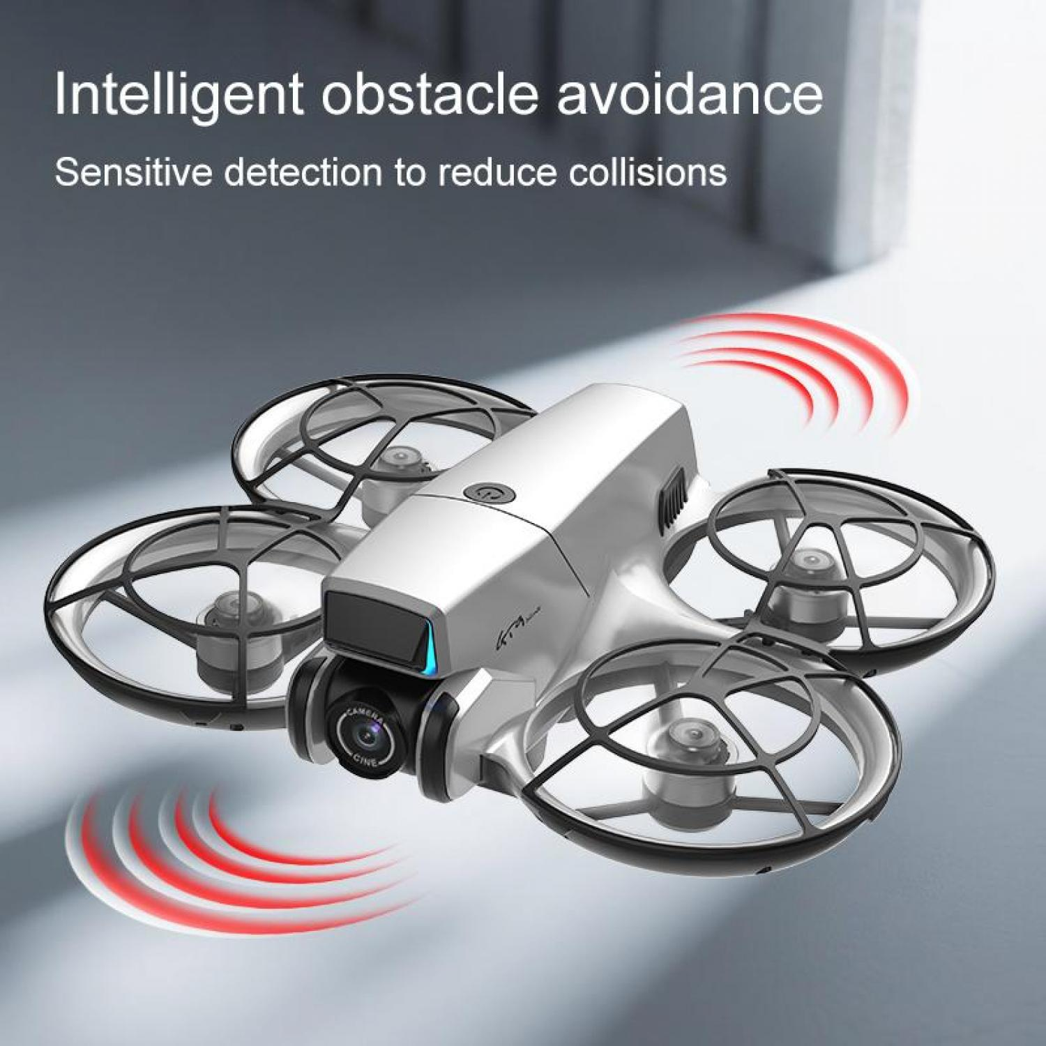 Ein weißer Quadrocopter mit Kamera und roter Wellenanzeige für Hinderniserkennung.