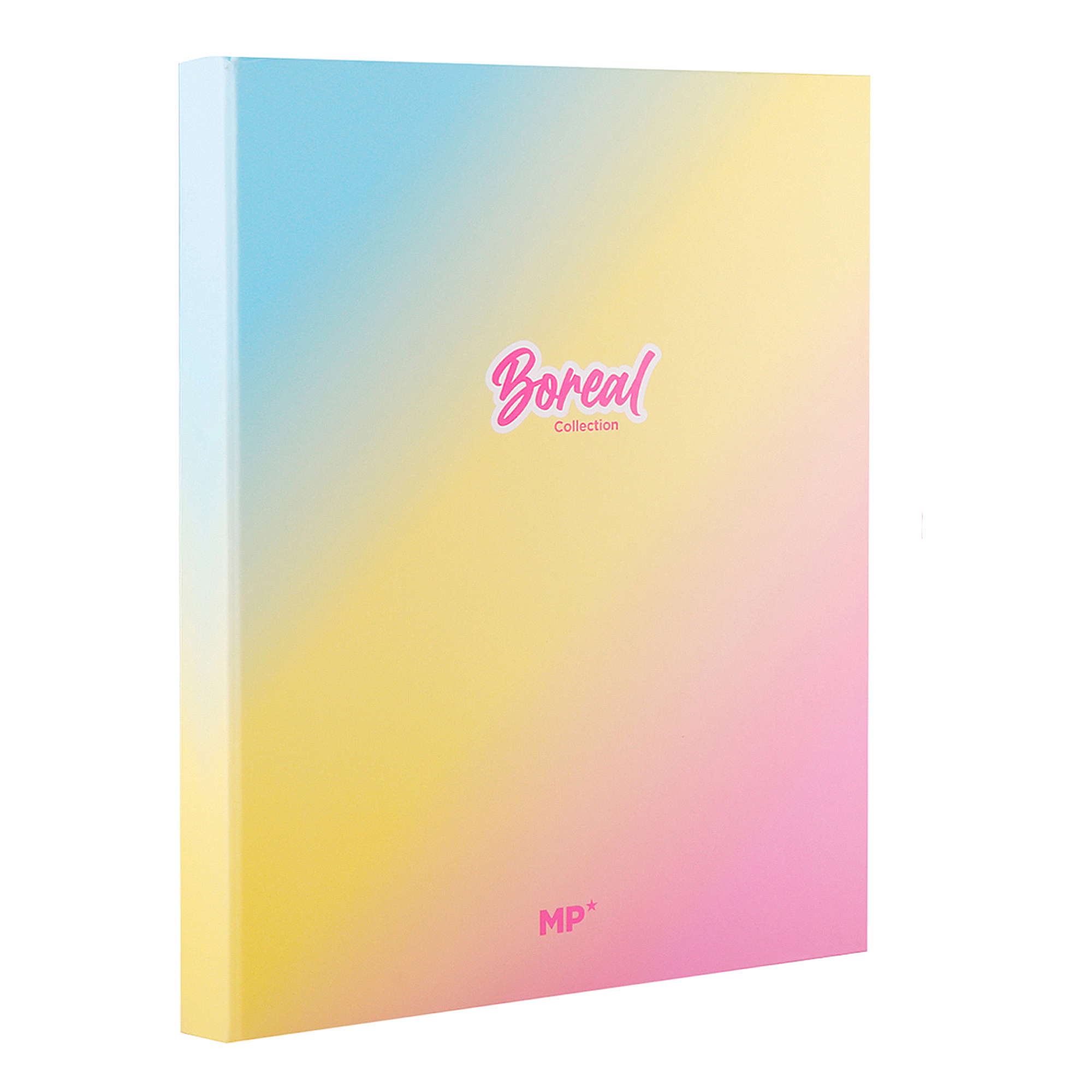 Un libro con una sfumatura da blu a giallo a rosa. Testo: Boreal Collection.