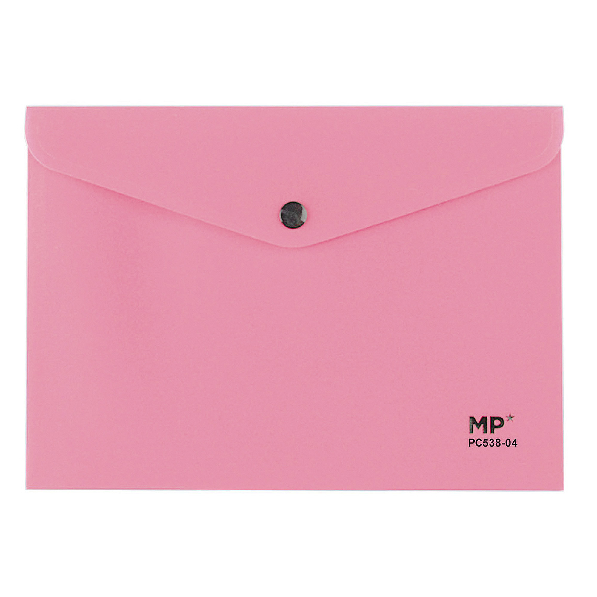 Una cartellina rosa con chiusura a bottone e scritta "MP PC538-04".