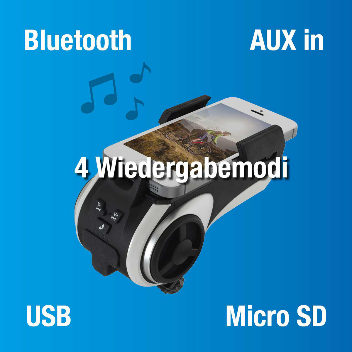 Ein Smartphone ist in einer Halterung auf einem Lautsprecher montiert. Bluetooth, AUX, USB, Micro SD.