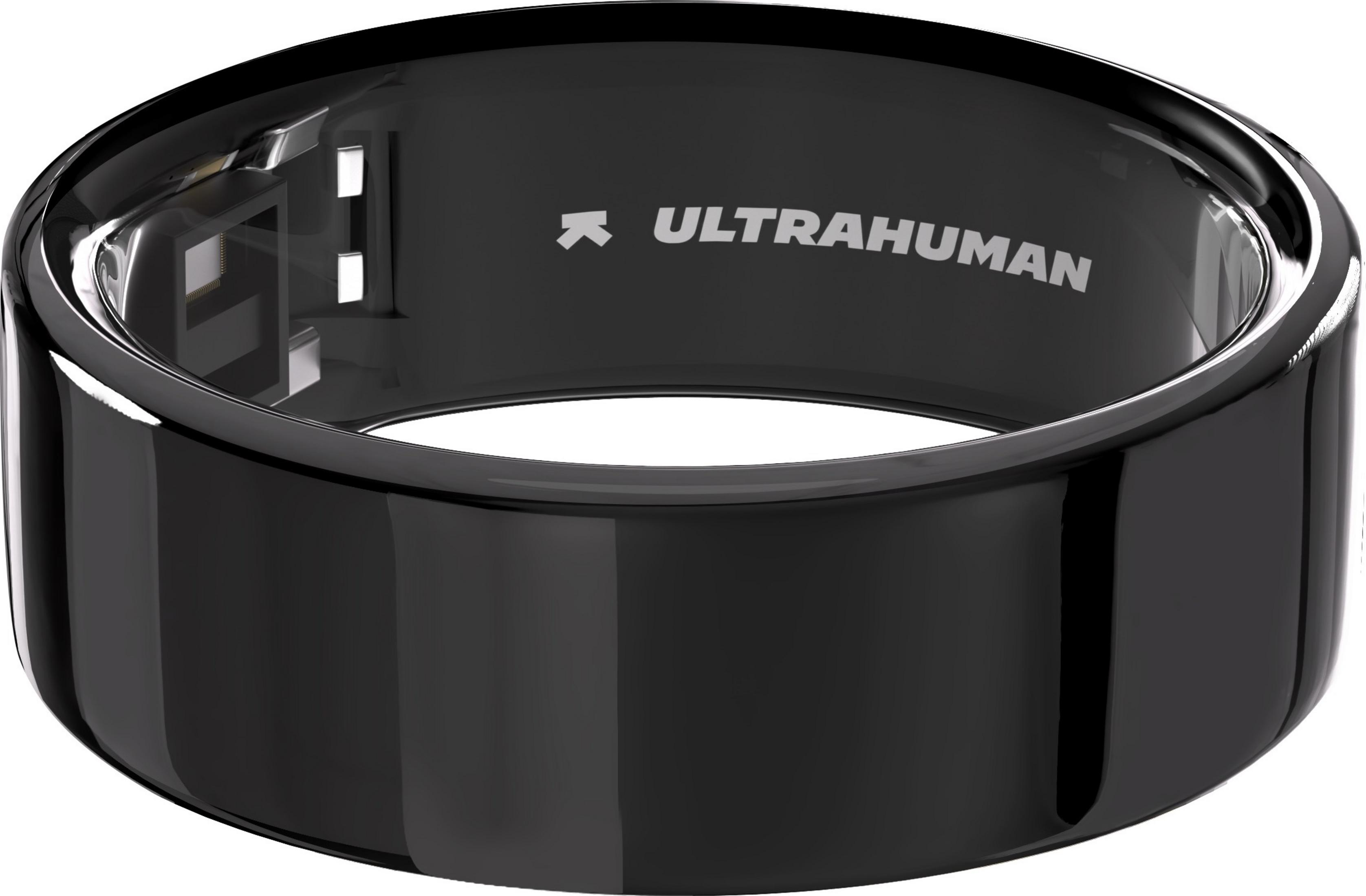 Schwarzer Ring mit "ULTRAHUMAN"-Logo und sichtbaren elektronischen Komponenten im Inneren.