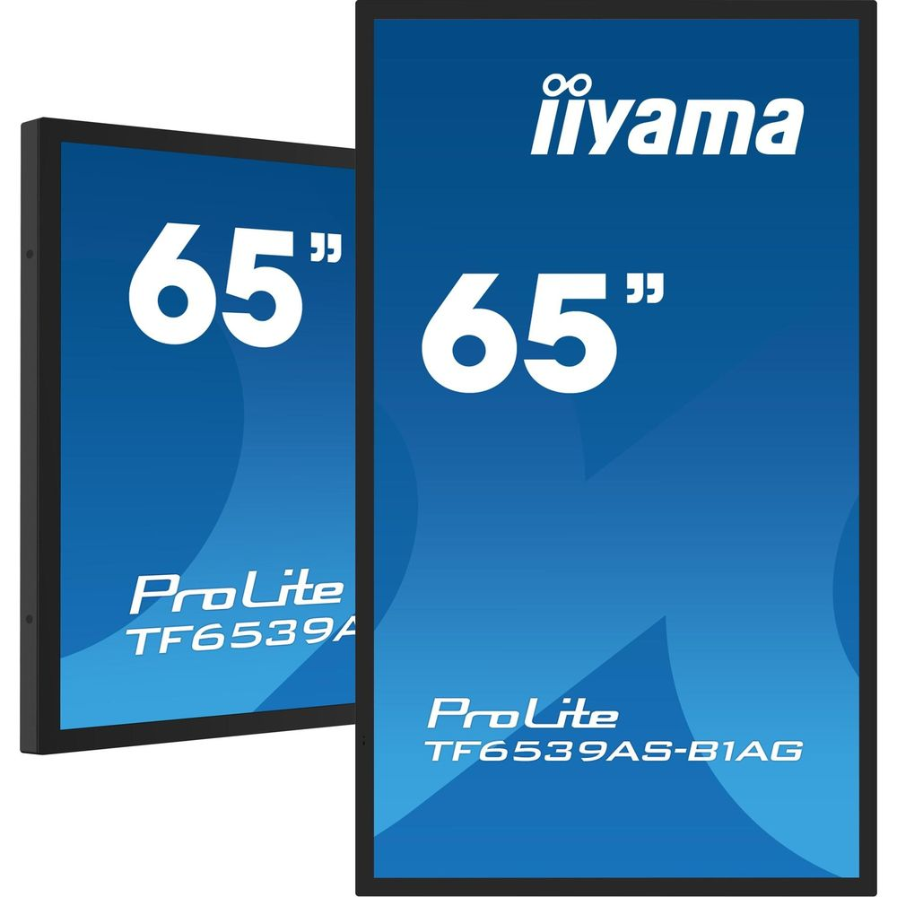 Dwa 65-calowe monitory iiyama z napisem ProLite na niebieskim tle.